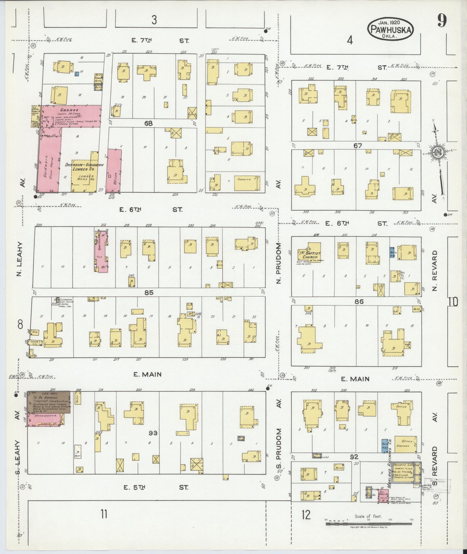 Sanborn Fire Insurance Map from Pawhuska, Osage County, Oklahoma (1920), Sheet #0009 - Complete Map Set gallery image, historic Sanborn map, vintage wall art, Oklahoma Oklahoma