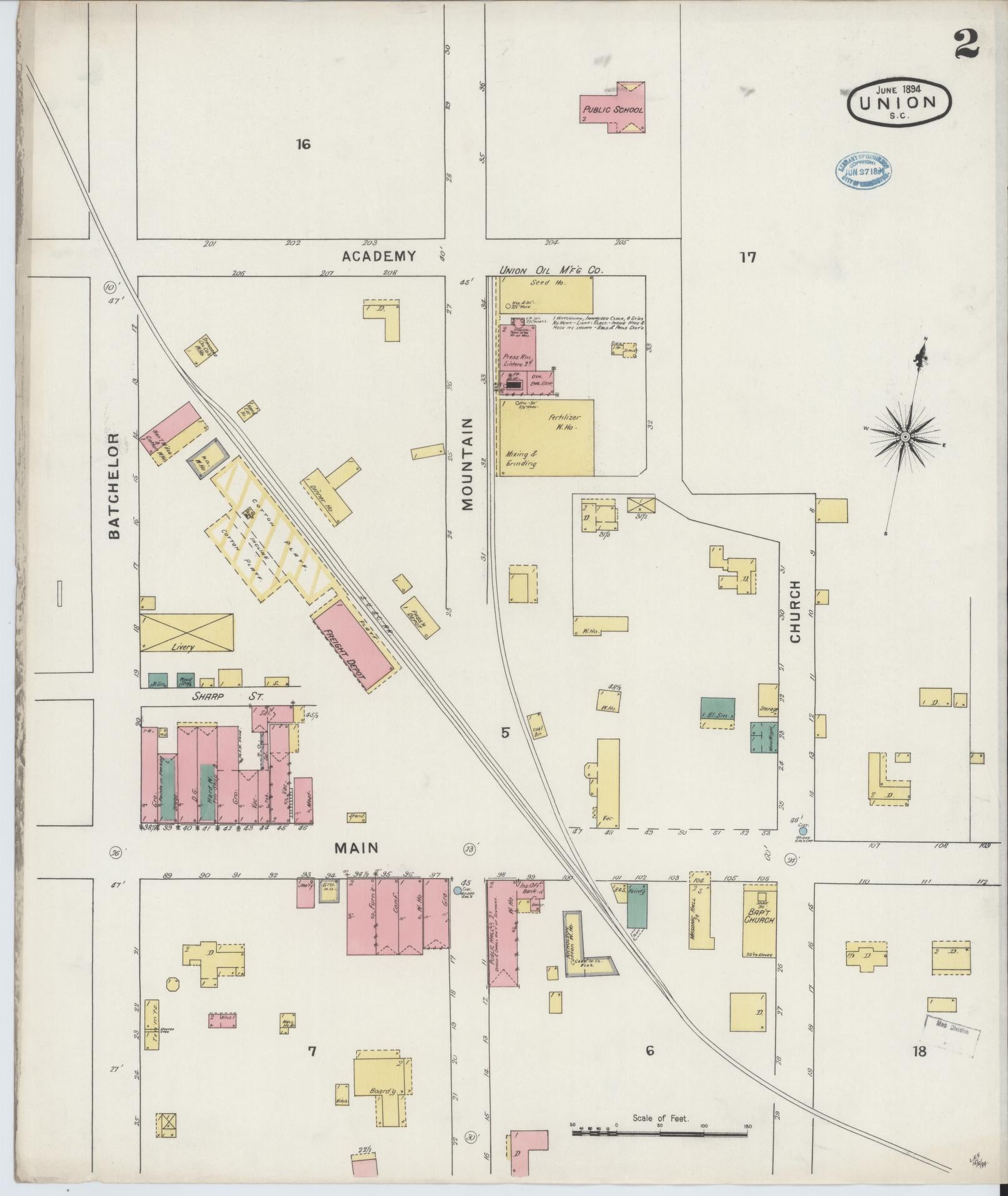 Sanborn Fire Insurance Map from Union, Union County, South Carolina (1894), Sheet #0002 - Complete Map Set gallery image, historic Sanborn map, vintage wall art, South Carolina South Carolina