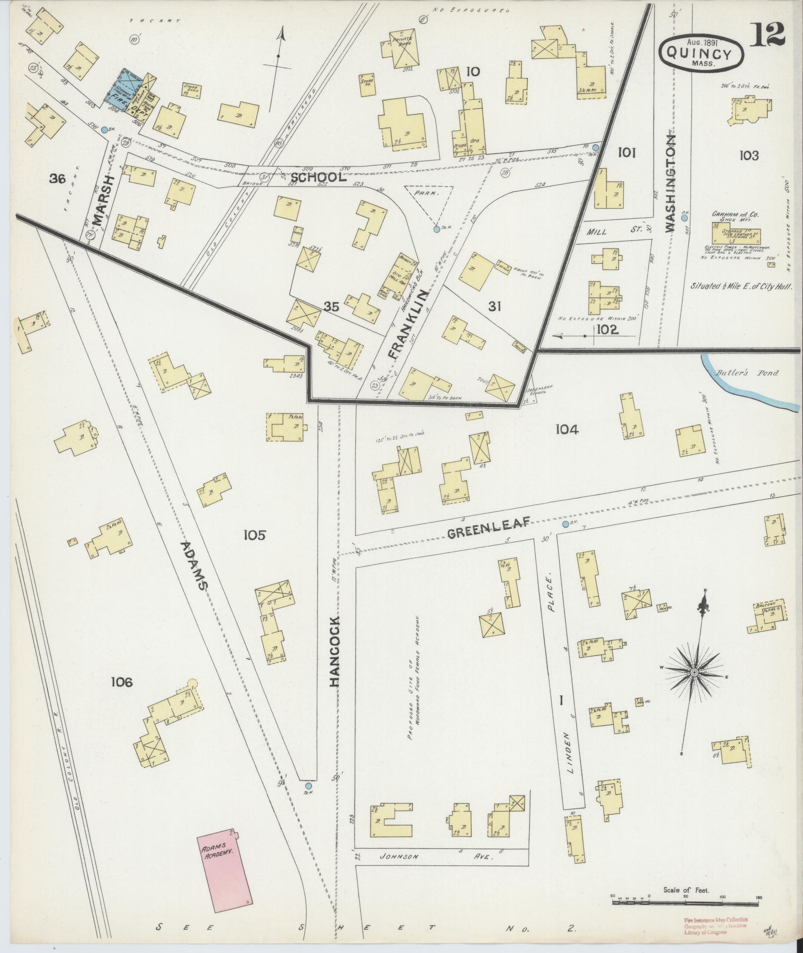 Sanborn Fire Insurance Map from Quincy, Norfolk County, Massachusetts (1891), Sheet #0012 - Historic Sanborn Fire Insurance Map Print, vintage old map wall art, antique decor, genealogy gift, Massachusetts Massachusetts map