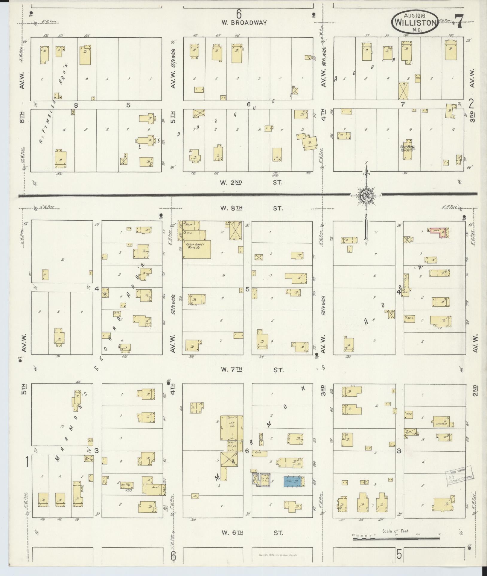 Sanborn Fire Insurance Map from Williston, Williams County, North Dakota (1916), Sheet #0007 - Complete Map Set gallery image, historic Sanborn map, vintage wall art, North Dakota North Dakota