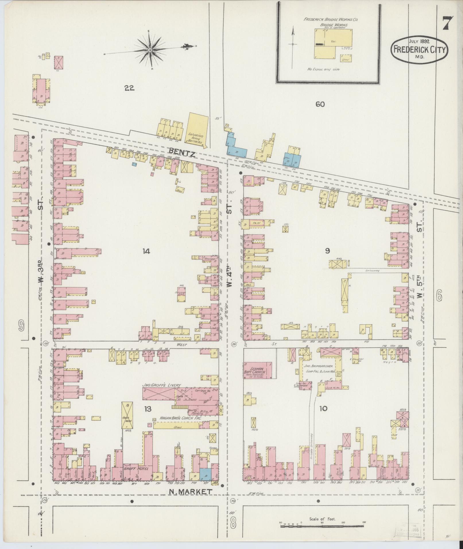 Frederick, Maryland - 1892 - Sanborn Fire Insurance Map, Sheet #0007 - Historic Sanborn Fire Insurance Map Print, Frederick Maryland 1892 0007 vintage old map wall art