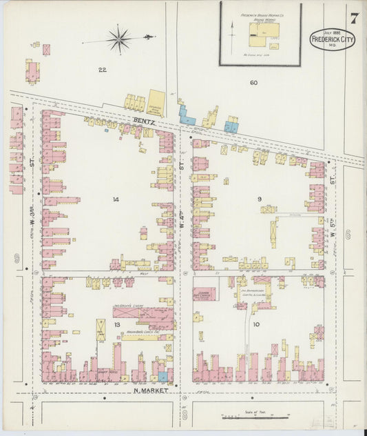 Frederick, Maryland - 1892 - Sanborn Fire Insurance Map, Sheet #0007 - Historic Sanborn Fire Insurance Map Print, Frederick Maryland 1892 0007 vintage old map wall art