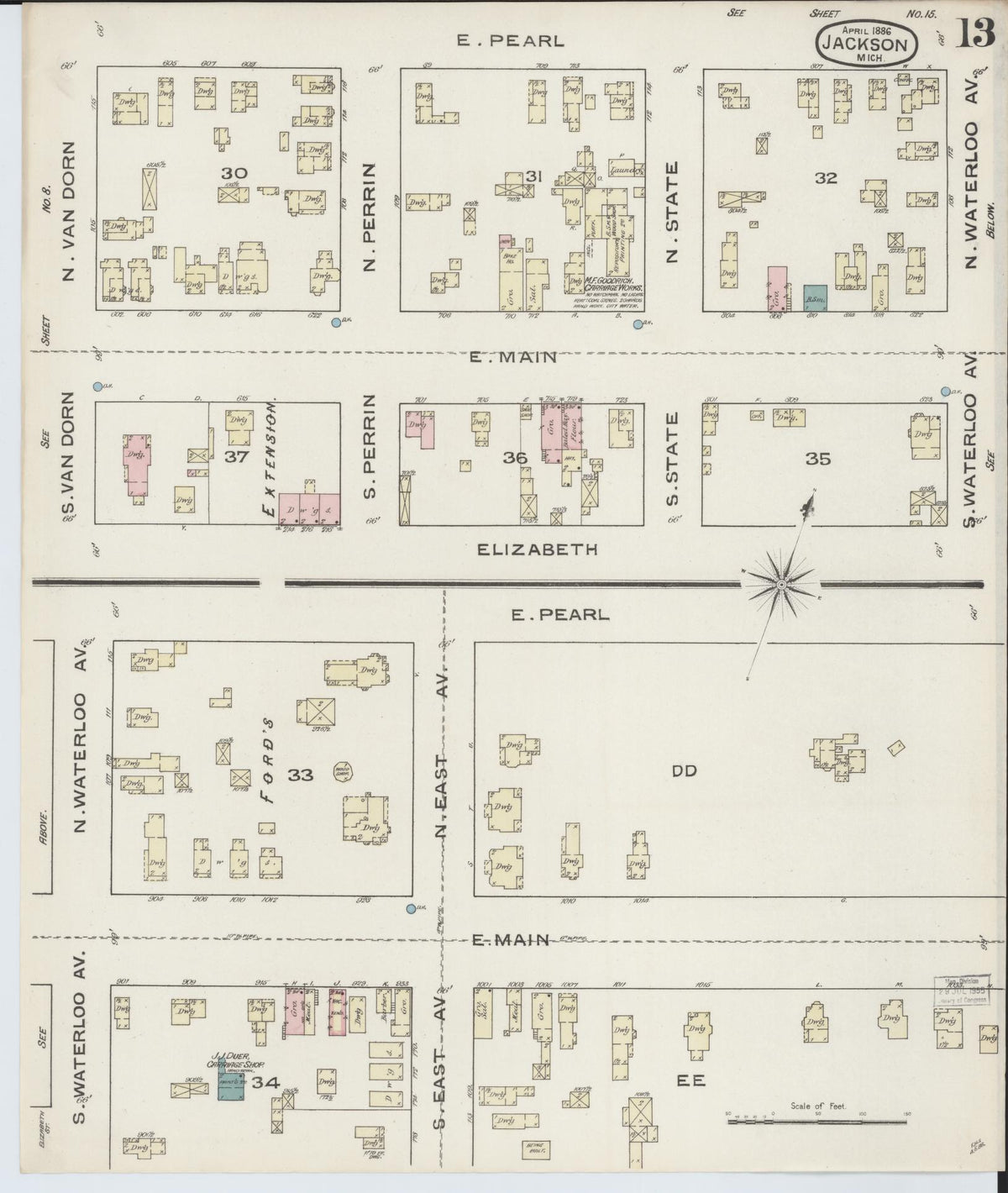 Sanborn Fire Insurance Map from Jackson, Jackson County, Michigan (1886), Sheet #0013 - Historic Sanborn Fire Insurance Map Print, vintage old map wall art, antique decor, genealogy gift, Michigan Michigan map