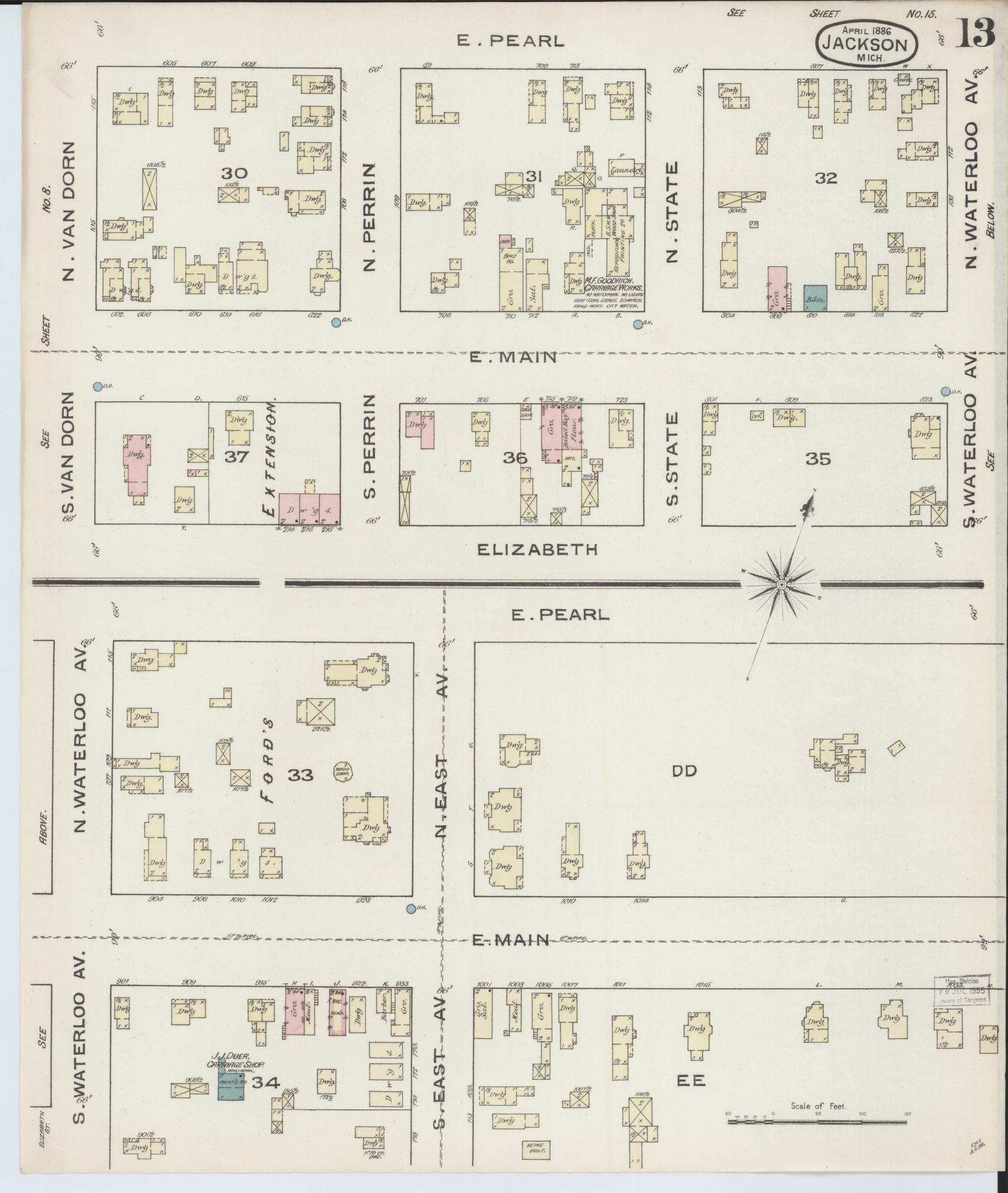 Sanborn Fire Insurance Map from Jackson, Jackson County, Michigan (1886), Sheet #0013 - Historic Sanborn Fire Insurance Map Print, vintage old map wall art, antique decor, genealogy gift, Michigan Michigan map