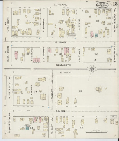Sanborn Fire Insurance Map from Jackson, Jackson County, Michigan (1886), Sheet #0013 - Historic Sanborn Fire Insurance Map Print, vintage old map wall art, antique decor, genealogy gift, Michigan Michigan map
