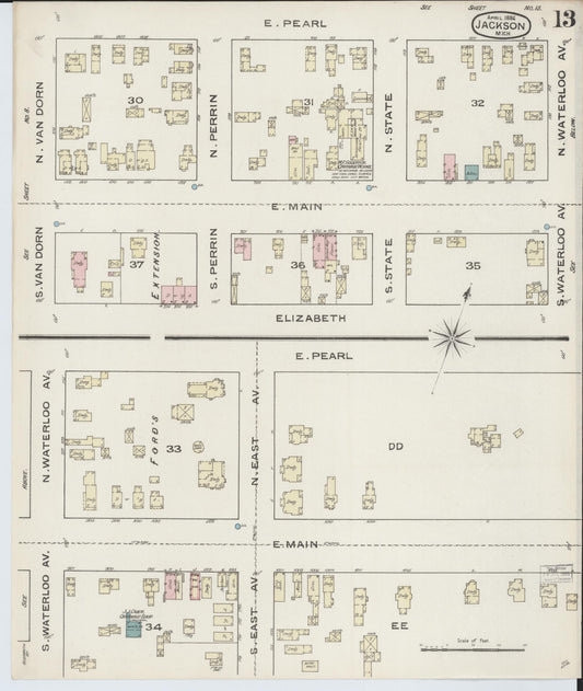 Sanborn Fire Insurance Map from Jackson, Jackson County, Michigan (1886), Sheet #0013 - Historic Sanborn Fire Insurance Map Print, vintage old map wall art, antique decor, genealogy gift, Michigan Michigan map