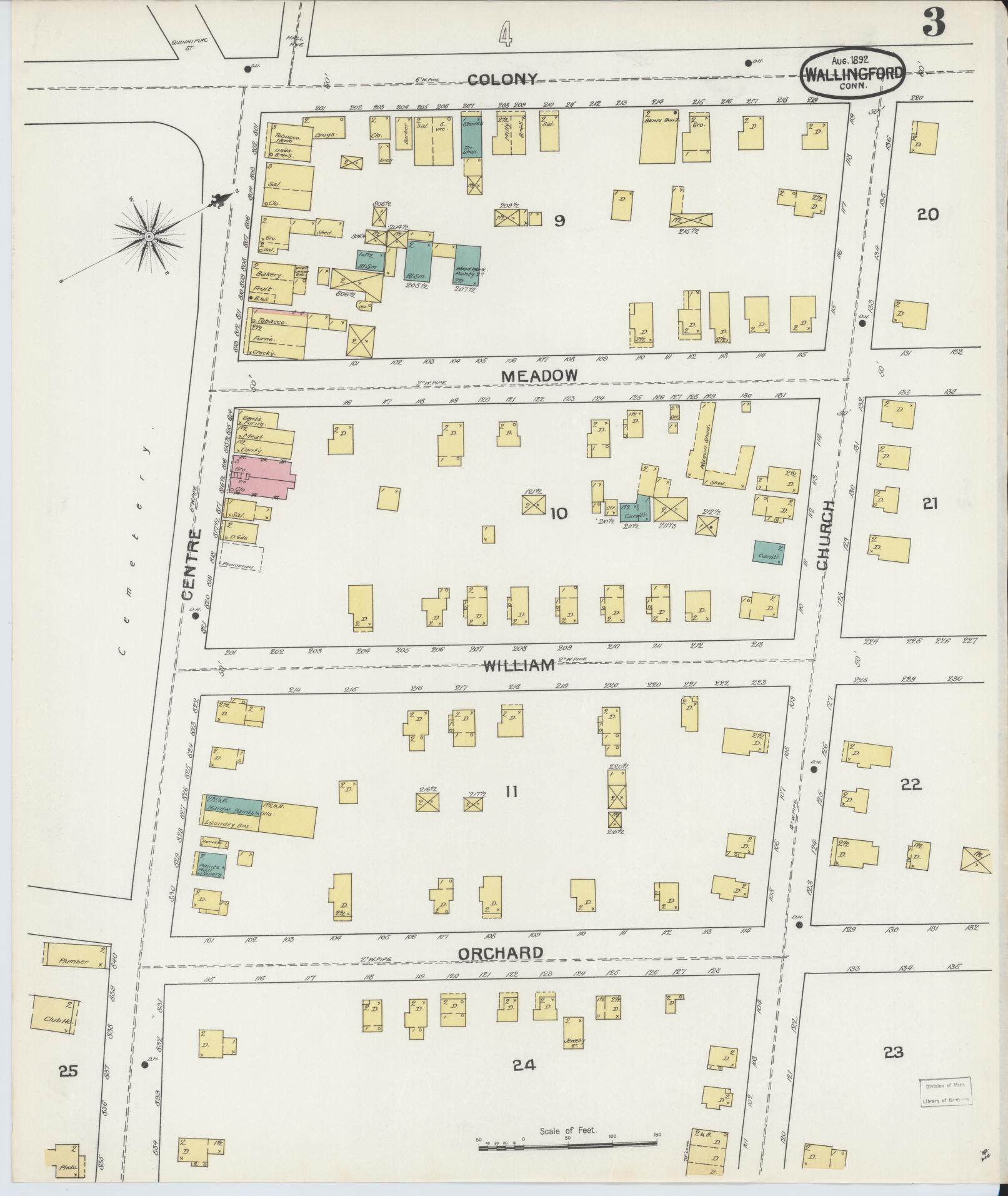 Sanborn Fire Insurance Map from Wallingford, New Haven County, Connecticut (1892), Sheet #0003 - Historic Sanborn Fire Insurance Map Print, vintage old map wall art, antique decor, genealogy gift, Connecticut Connecticut map