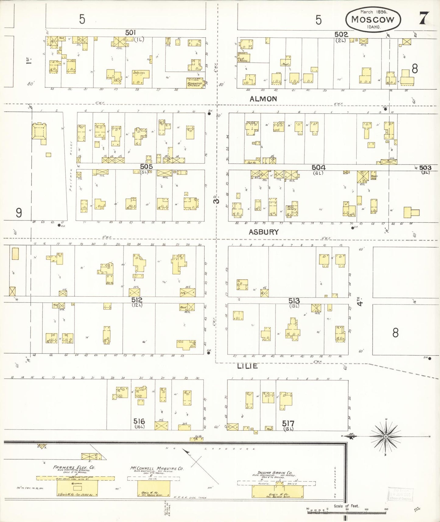 Sanborn Fire Insurance Map from Moscow, Latah County, Idaho (1896), Sheet #0007 - Historic Sanborn Fire Insurance Map Print, vintage old map wall art, antique decor, genealogy gift, Idaho Idaho map