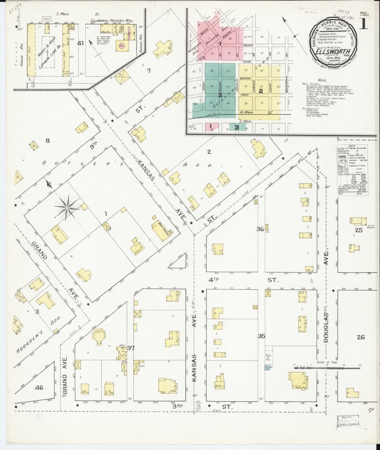 Sanborn Fire Insurance Map from Ellsworth, Ellsworth County, Kansas (1893), Sheet #0001 - Historic Sanborn Fire Insurance Map Print, vintage old map wall art, antique decor, genealogy gift, Kansas Kansas map
