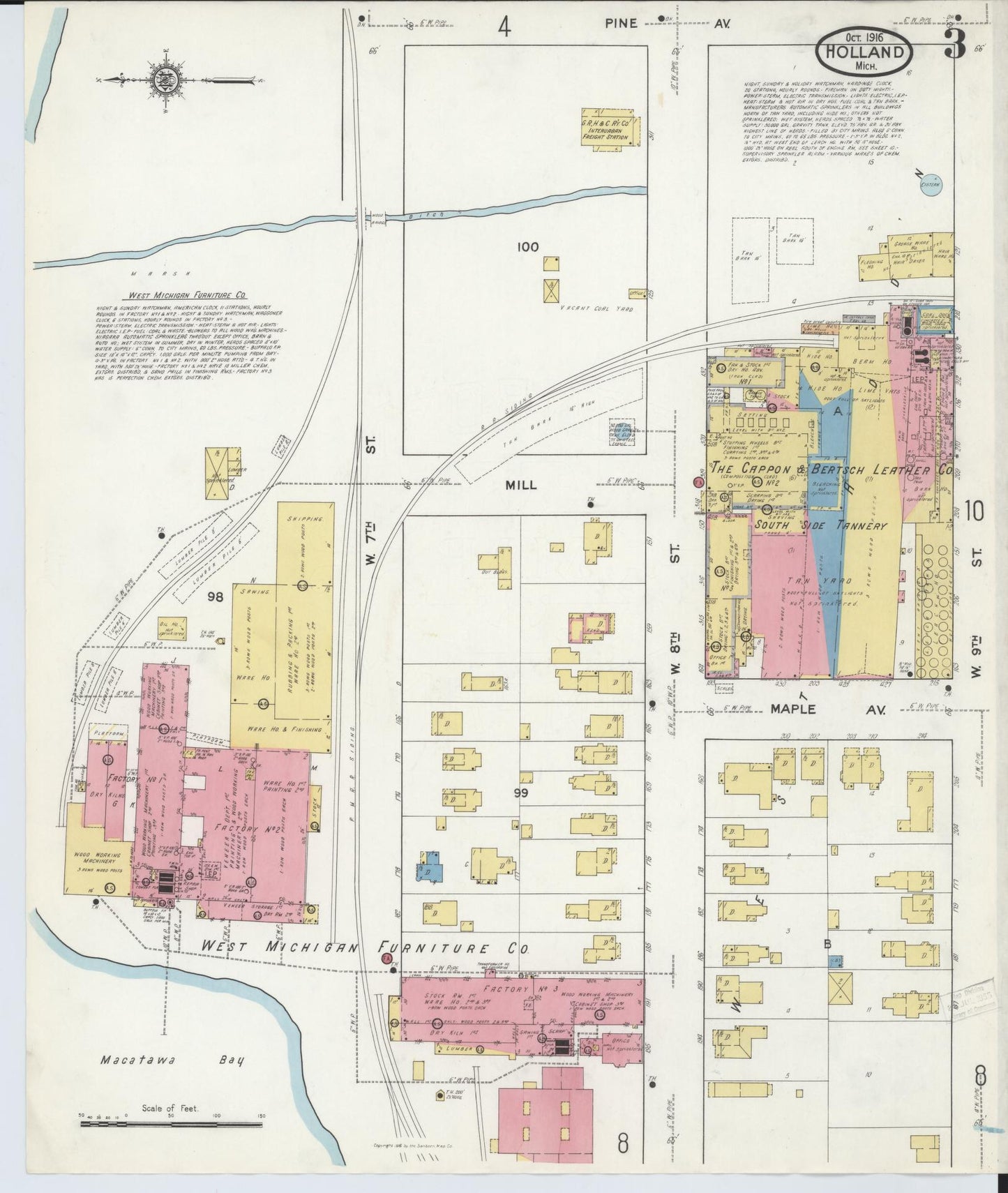 Sanborn Fire Insurance Map from Holland, Ottawa County, Michigan (1916), Sheet #0003 - Complete Map Set gallery image, historic Sanborn map, vintage wall art, Michigan Michigan
