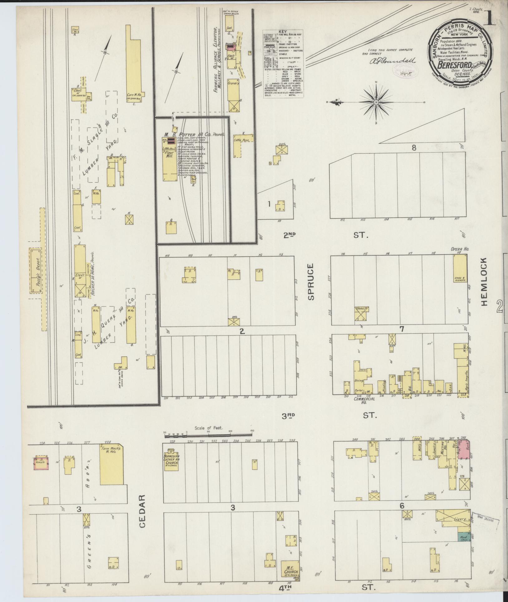 Sanborn Fire Insurance Map from Beresford, Union And Lincoln Counties, South Dakota (1893), Sheet #0001 - Historic Sanborn Fire Insurance Map Print, vintage old map wall art, antique decor, genealogy gift, South Dakota South Dakota map