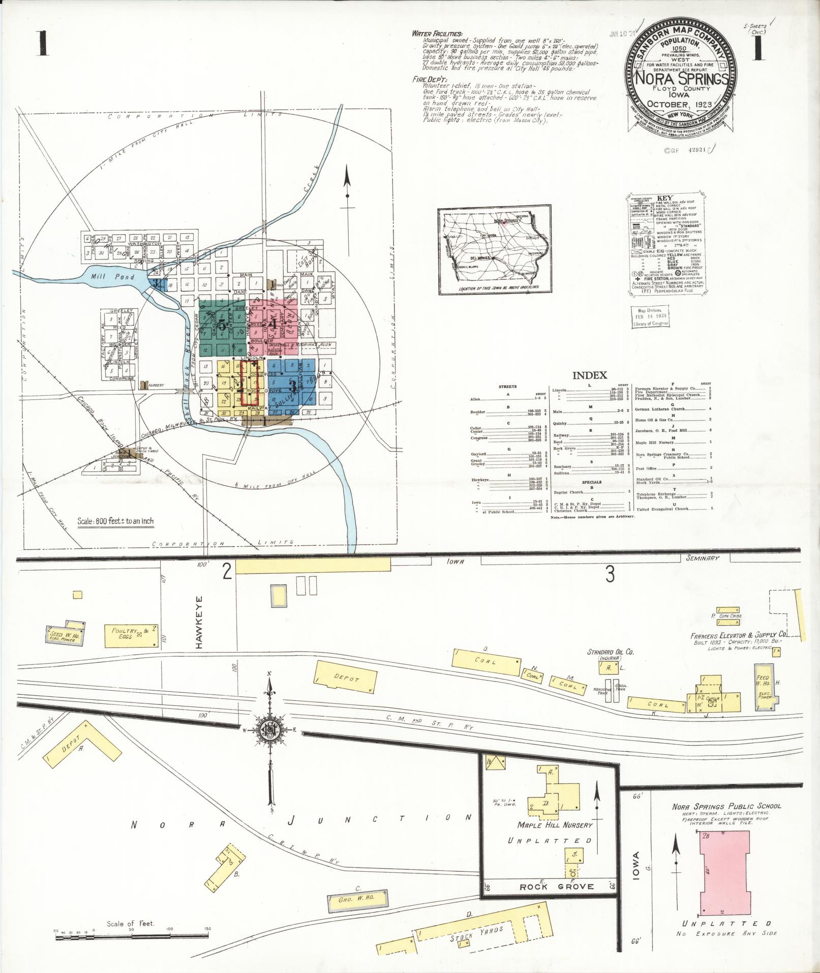 Sanborn Fire Insurance Map from Nora Springs, Floyd County, Iowa (1923), Sheet #0001 - Historic Sanborn Fire Insurance Map Print