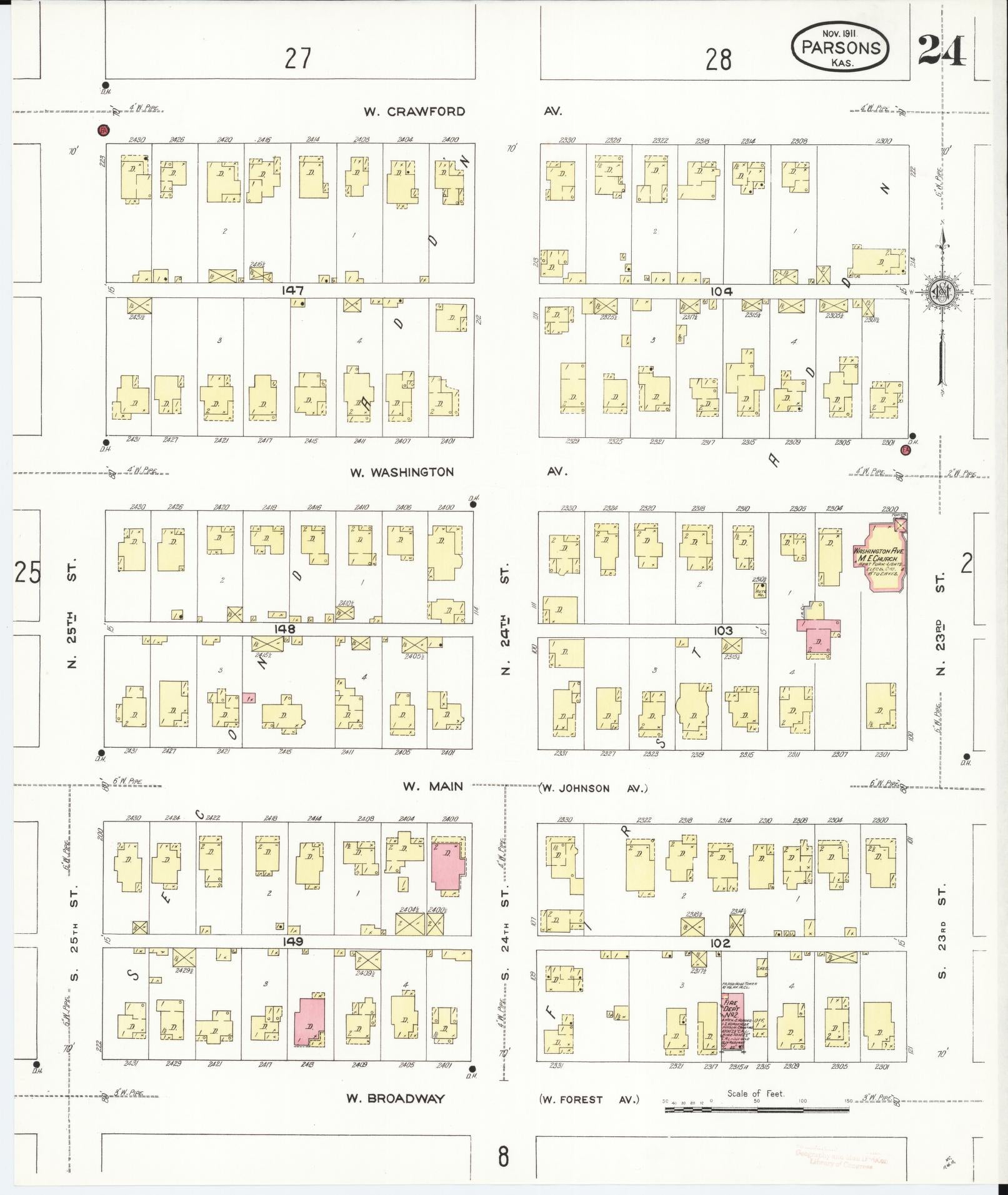 Sanborn Fire Insurance Map from Parsons, Labette County, Kansas (1911), Sheet #0024 - Historic Sanborn Fire Insurance Map Print, vintage old map wall art, antique decor, genealogy gift, Kansas Kansas map