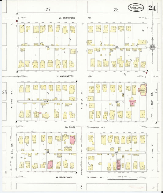 Sanborn Fire Insurance Map from Parsons, Labette County, Kansas (1911), Sheet #0024 - Historic Sanborn Fire Insurance Map Print, vintage old map wall art, antique decor, genealogy gift, Kansas Kansas map