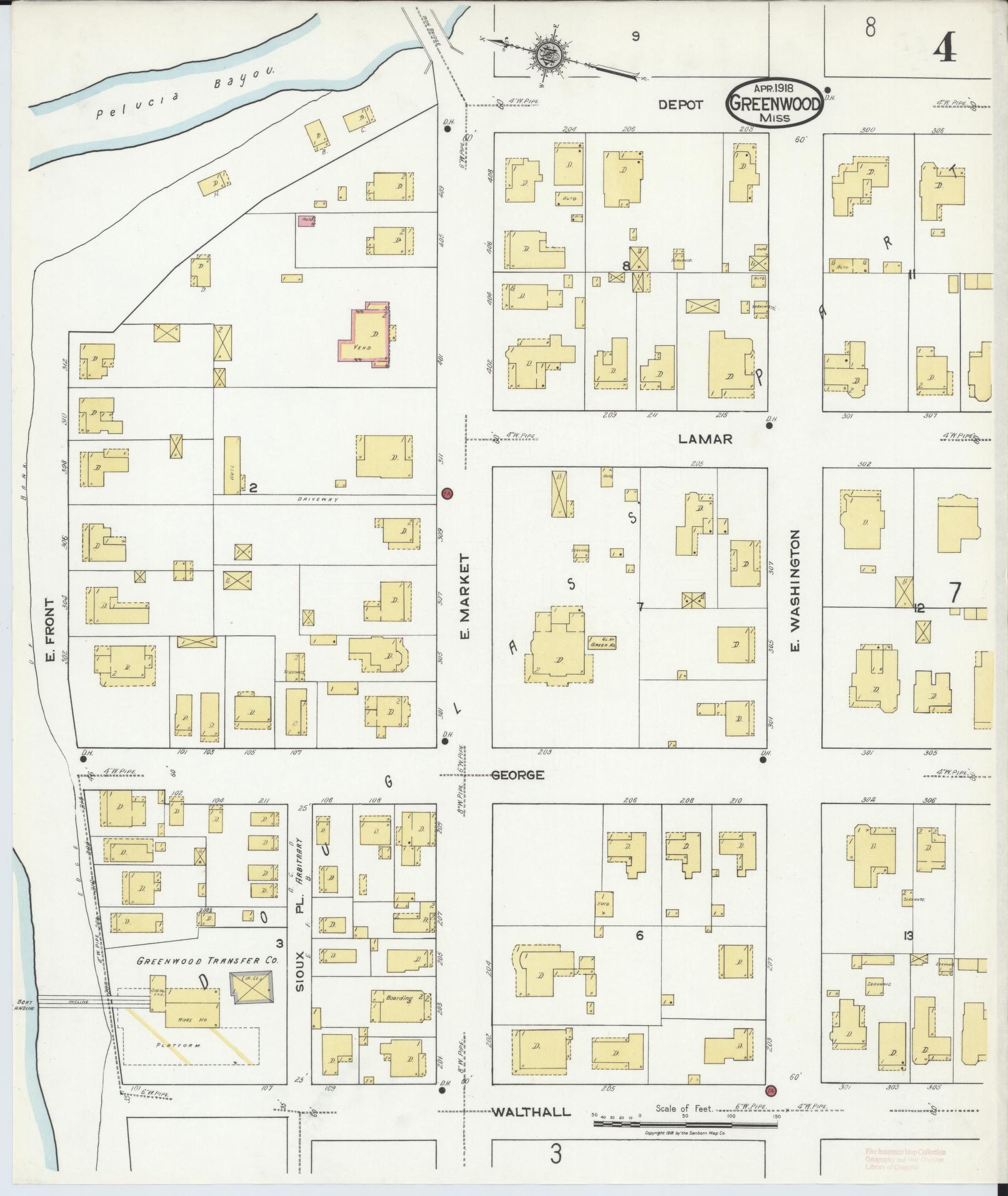 Sanborn Fire Insurance Map from Greenwood, Leflore County, Mississippi (1918), Sheet #0004 - Complete Map Set gallery image, historic Sanborn map, vintage wall art, Mississippi Mississippi