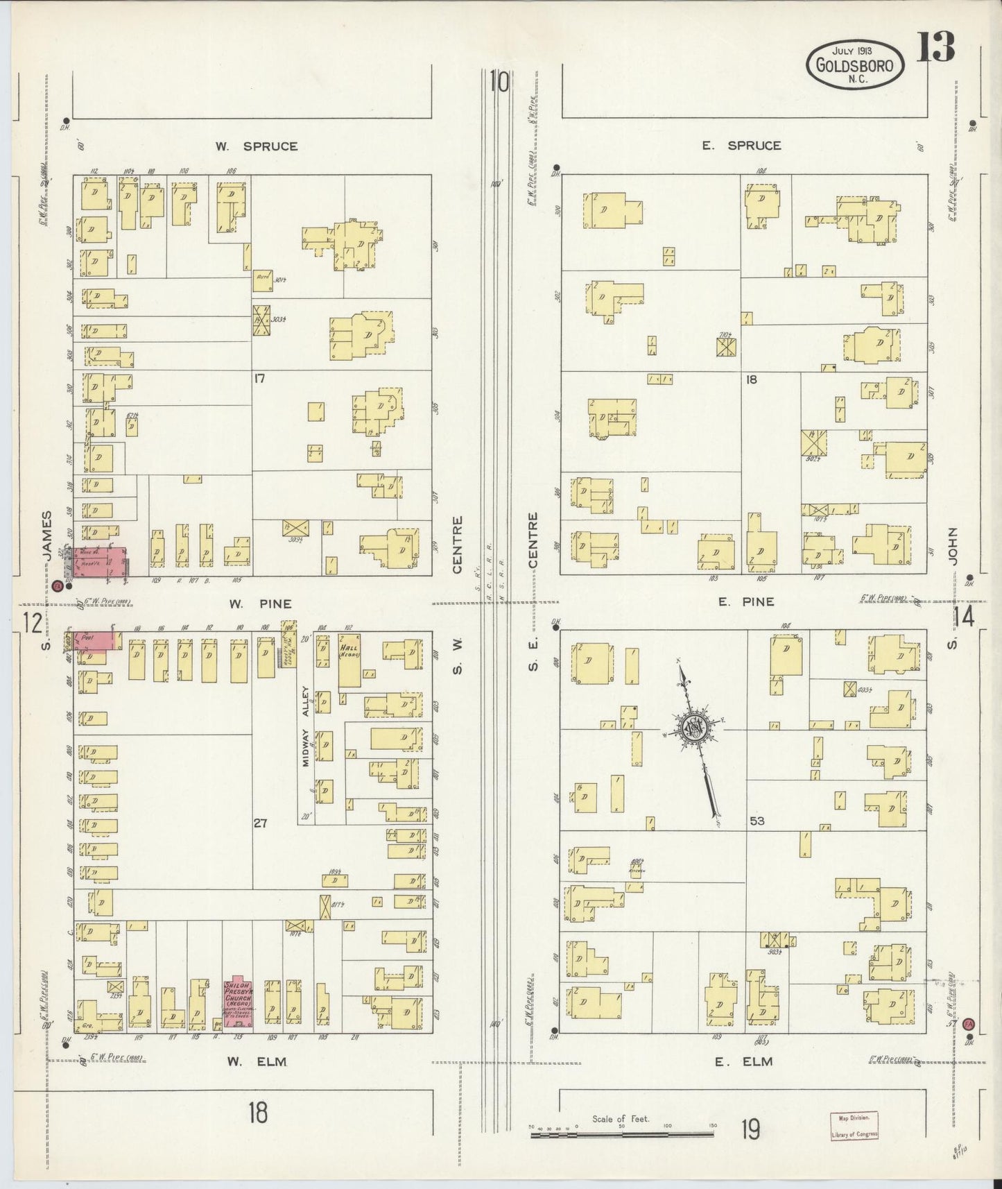 Sanborn Fire Insurance Map from Goldsboro, Wayne County, North Carolina (1913), Sheet #0013 - Complete Map Set gallery image, historic Sanborn map, vintage wall art, North Carolina North Carolina