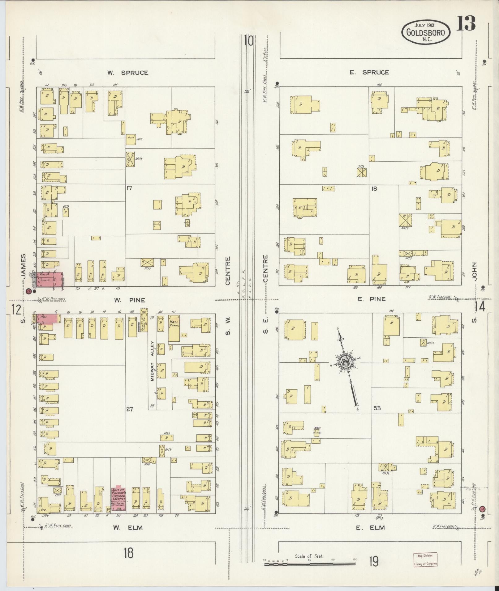 Sanborn Fire Insurance Map from Goldsboro, Wayne County, North Carolina (1913), Sheet #0013 - Complete Map Set gallery image, historic Sanborn map, vintage wall art, North Carolina North Carolina
