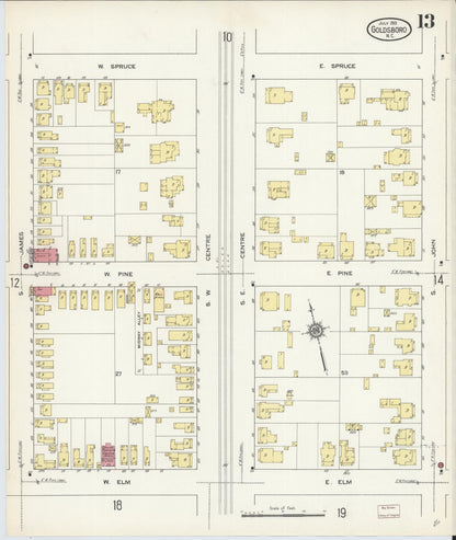 Sanborn Fire Insurance Map from Goldsboro, Wayne County, North Carolina (1913), Sheet #0013 - Complete Map Set gallery image, historic Sanborn map, vintage wall art, North Carolina North Carolina
