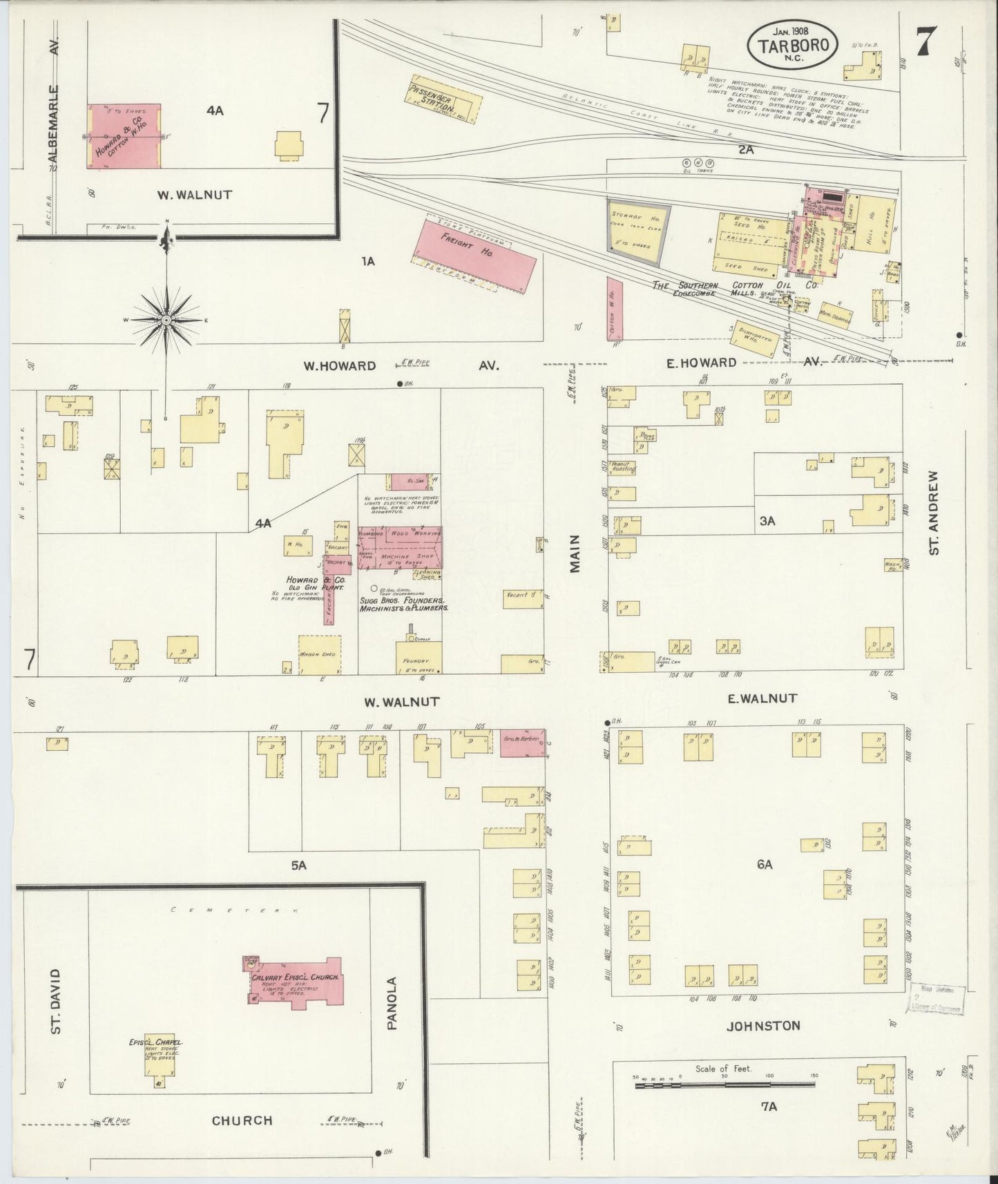 Sanborn Fire Insurance Map from Tarboro, Edgecombe County, North Carolina (1908), Sheet #0007 - Complete Map Set gallery image, historic Sanborn map, vintage wall art, North Carolina North Carolina