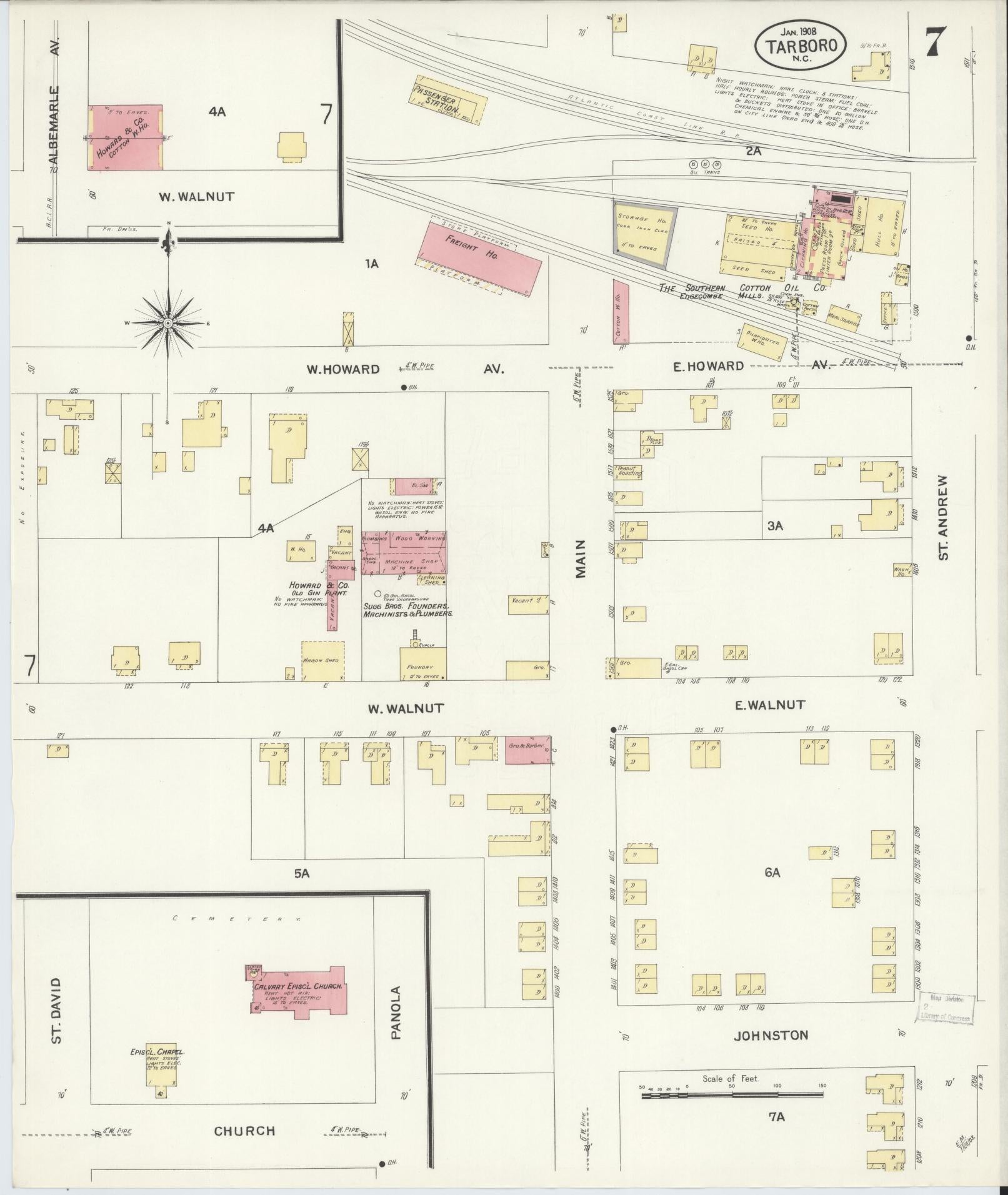 Sanborn Fire Insurance Map from Tarboro, Edgecombe County, North Carolina (1908), Sheet #0007 - Complete Map Set gallery image, historic Sanborn map, vintage wall art, North Carolina North Carolina