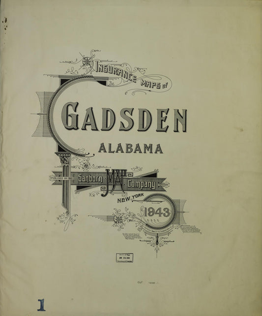 Sanborn Fire Insurance Map from Gadsden, Etowah County, Alabama (1943), Sheet #0001 - Historic Sanborn Fire Insurance Map Print, vintage old map wall art, antique decor, genealogy gift, Alabama Alabama map