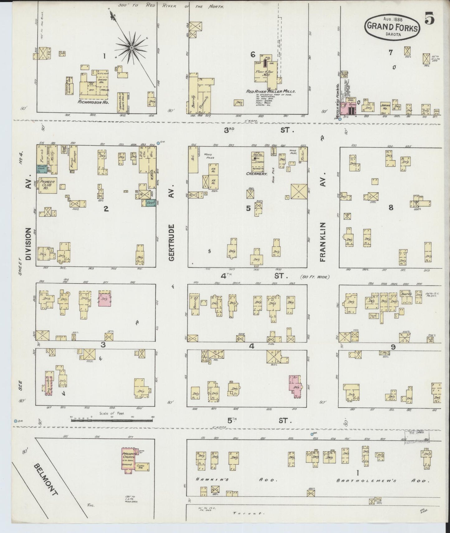 Sanborn Fire Insurance Map from Grand Forks, Grand Forks County, North Dakota (1888), Sheet #0005 - Complete Map Set gallery image, historic Sanborn map, vintage wall art, North Dakota North Dakota