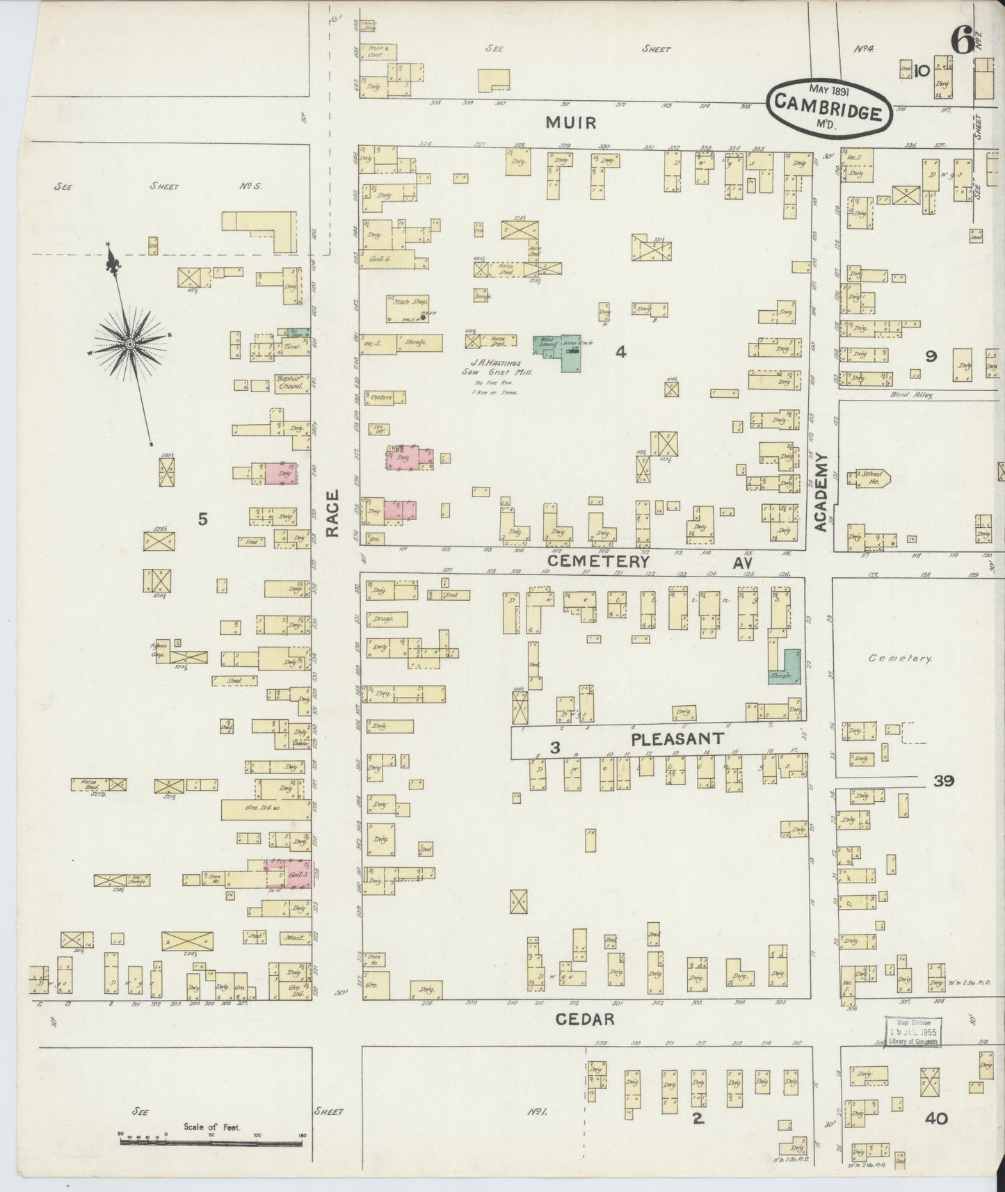 Dorchester, Maryland - 1891 - Sanborn Fire Insurance Map, Sheet #0006 - Historic Sanborn Fire Insurance Map Print, Dorchester Maryland 1891 0006 vintage old map wall art