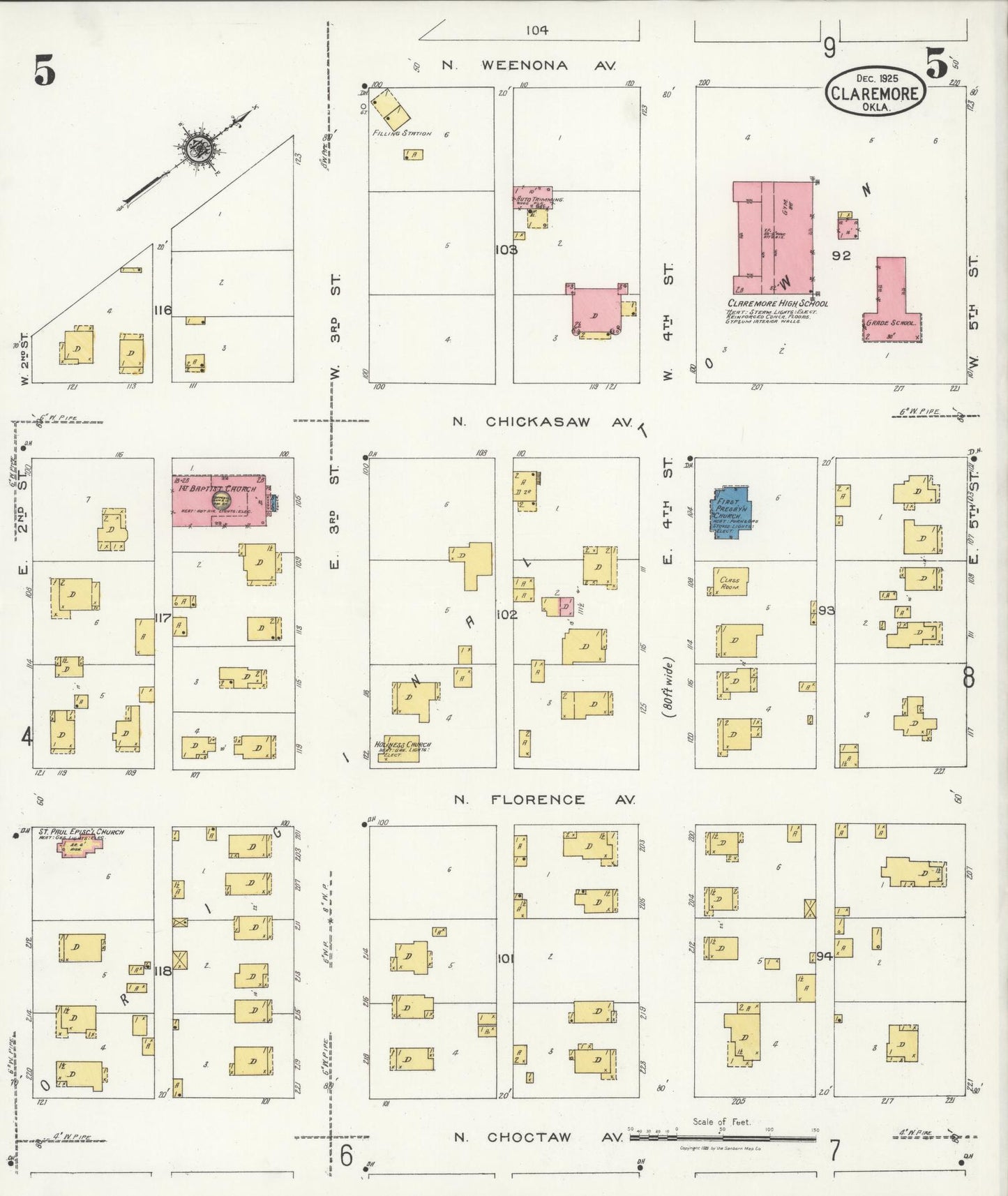Sanborn Fire Insurance Map from Claremore, Rogers County, Oklahoma (1925), Sheet #0005 - Complete Map Set gallery image, historic Sanborn map, vintage wall art, Oklahoma Oklahoma