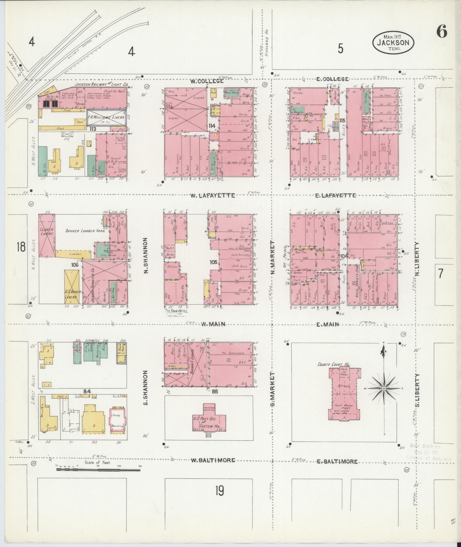 Sanborn Fire Insurance Map from Jackson, Madison County, Tennessee (1907), Sheet #0006 - Complete Map Set gallery image, historic Sanborn map, vintage wall art, Tennessee Tennessee