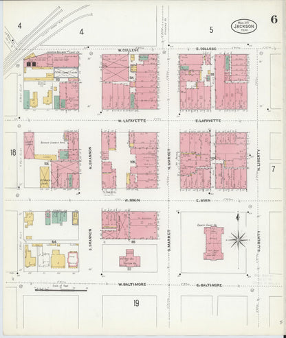 Sanborn Fire Insurance Map from Jackson, Madison County, Tennessee (1907), Sheet #0006 - Complete Map Set gallery image, historic Sanborn map, vintage wall art, Tennessee Tennessee