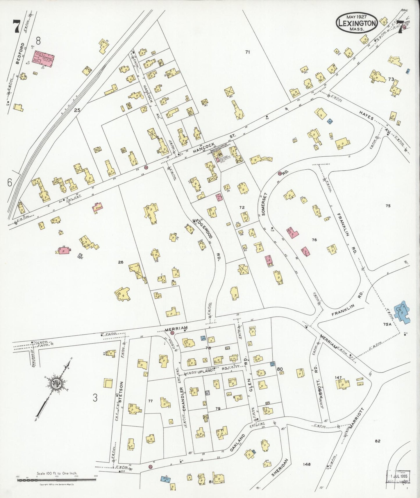 Sanborn Fire Insurance Map from Lexington, Middlesex County, Massachusetts (1927), Sheet #0007 - Historic Sanborn Fire Insurance Map Print, vintage old map wall art, antique decor, genealogy gift, Massachusetts Massachusetts map