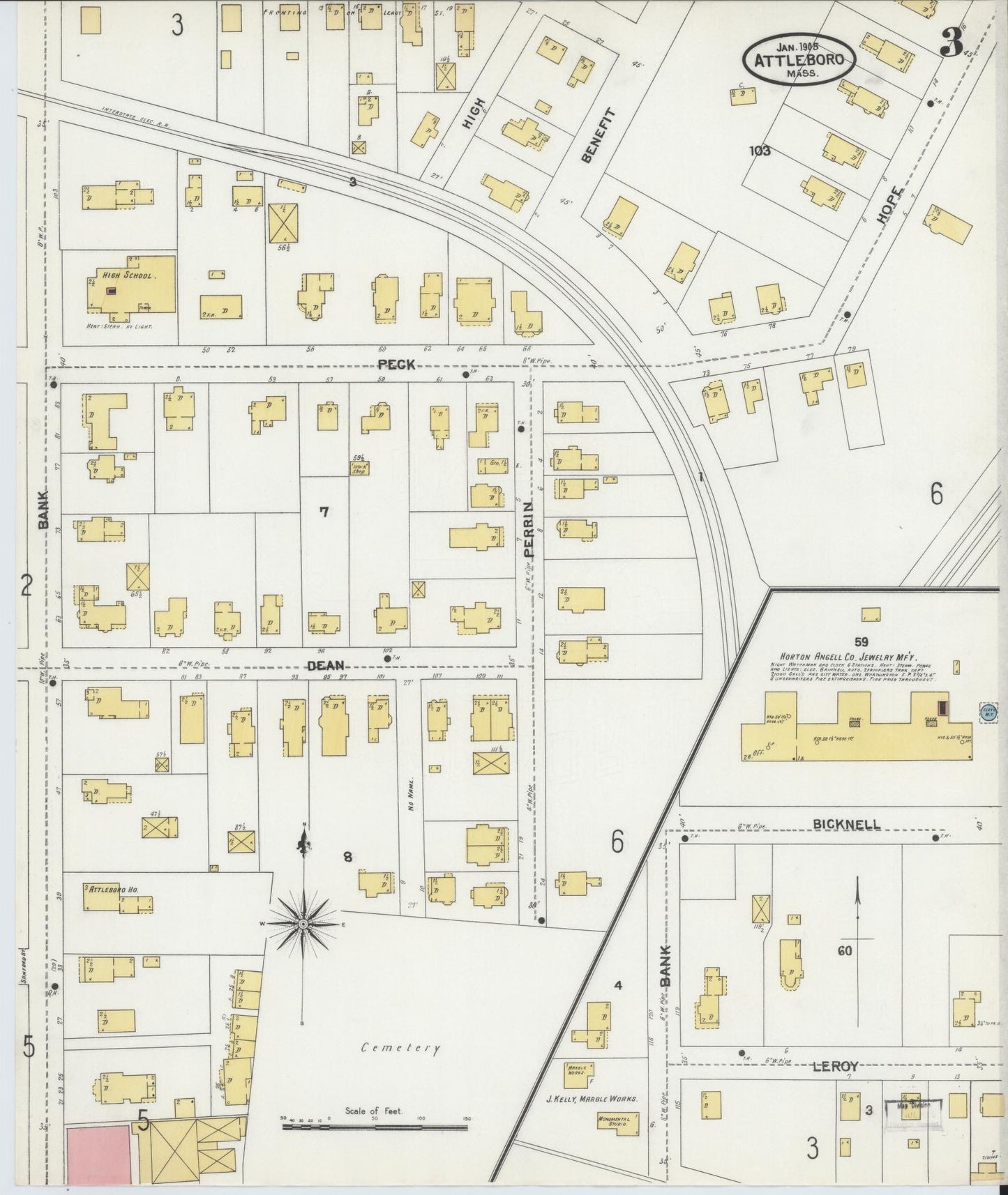 Sanborn Fire Insurance Map from Attleboro, Bristol County, Massachusetts (1905), Sheet #0003 - Complete Map Set gallery image, historic Sanborn map, vintage wall art, Massachusetts Massachusetts