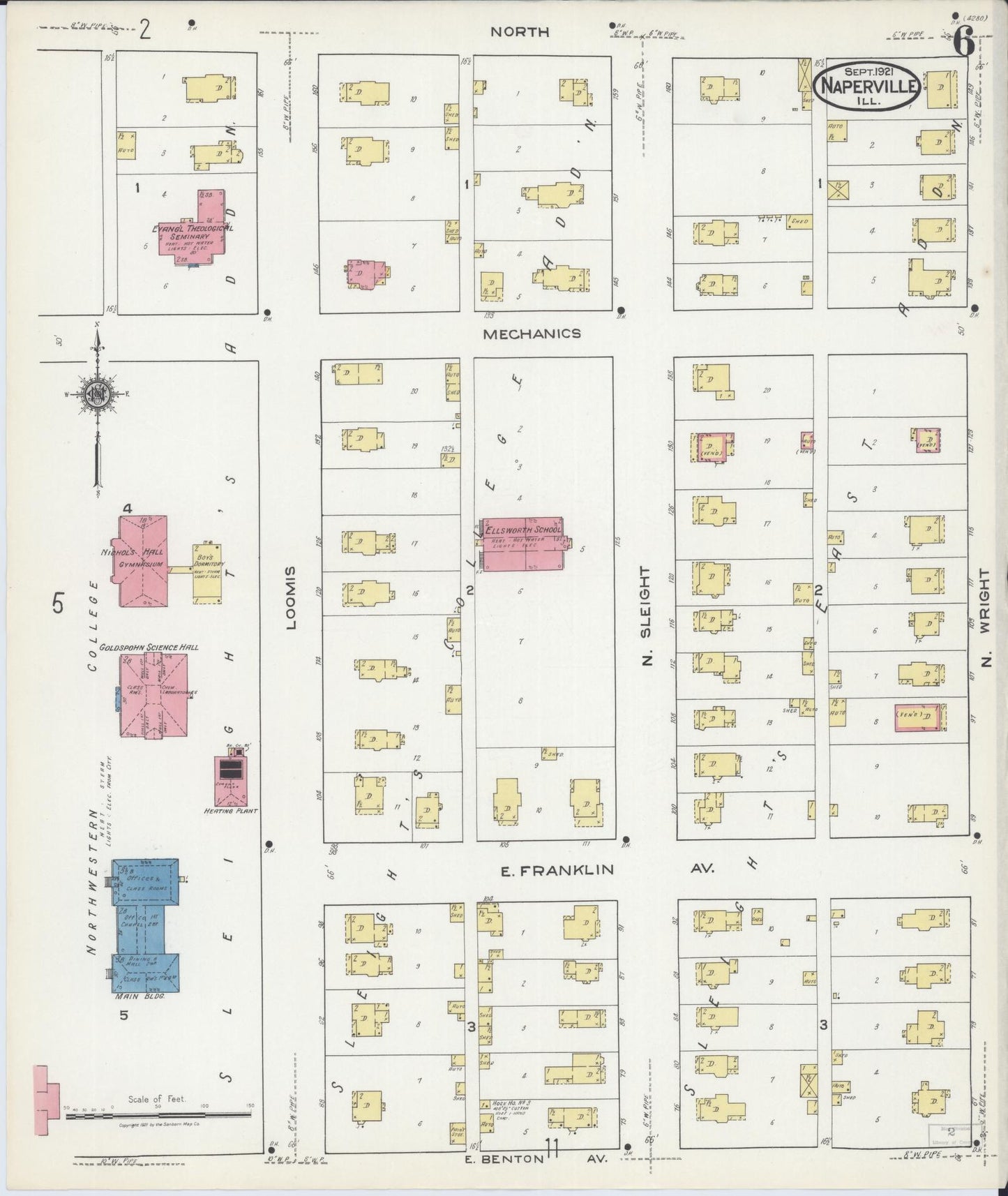 Sanborn Fire Insurance Map from Naperville, Du Page County, Illinois (1921), Sheet #0006 - Complete Map Set gallery image, historic Sanborn map, vintage wall art, Illinois Illinois