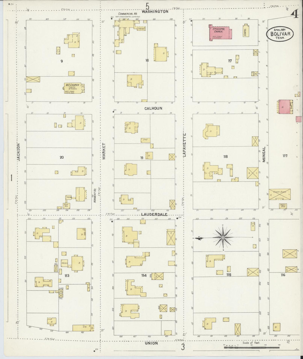 Sanborn Fire Insurance Map from Bolivar, Hardeman County, Tennessee (1907), Sheet #0004 - Complete Map Set gallery image, historic Sanborn map, vintage wall art, Tennessee Tennessee