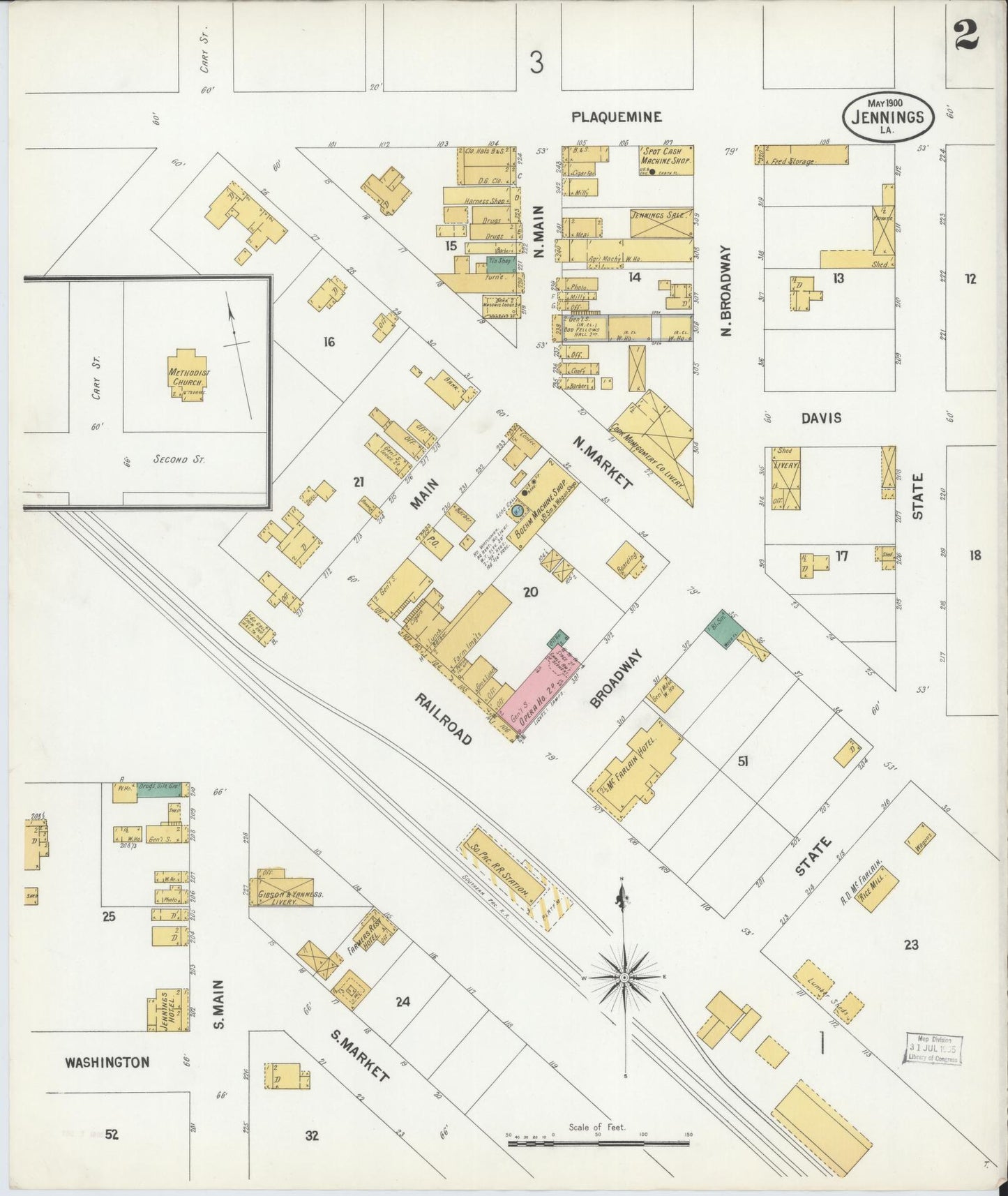 Sanborn Fire Insurance Map from Jennings, Jefferson Davis Parish, Louisiana (1900), Sheet #0002 - Historic Sanborn Fire Insurance Map Print, vintage old map wall art, antique decor, genealogy gift, Louisiana Louisiana map
