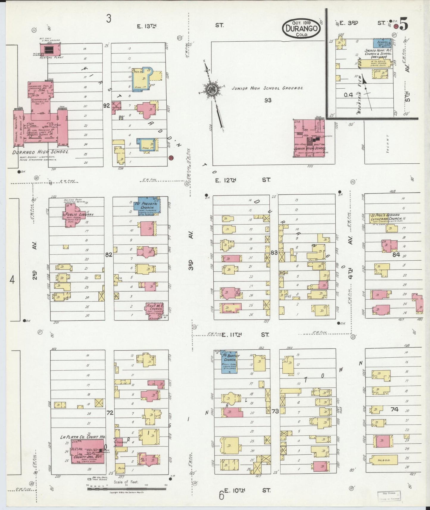 Sanborn Fire Insurance Map from Durango, La Plata County, Colorado (1919), Sheet #0005 - Historic Sanborn Fire Insurance Map Print, vintage old map wall art, antique decor, genealogy gift, Colorado Colorado map