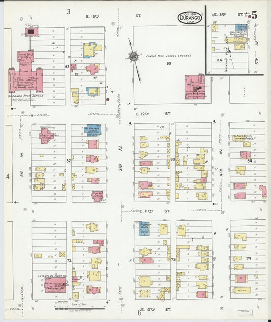 Sanborn Fire Insurance Map from Durango, La Plata County, Colorado (1919), Sheet #0005 - Historic Sanborn Fire Insurance Map Print, vintage old map wall art, antique decor, genealogy gift, Colorado Colorado map