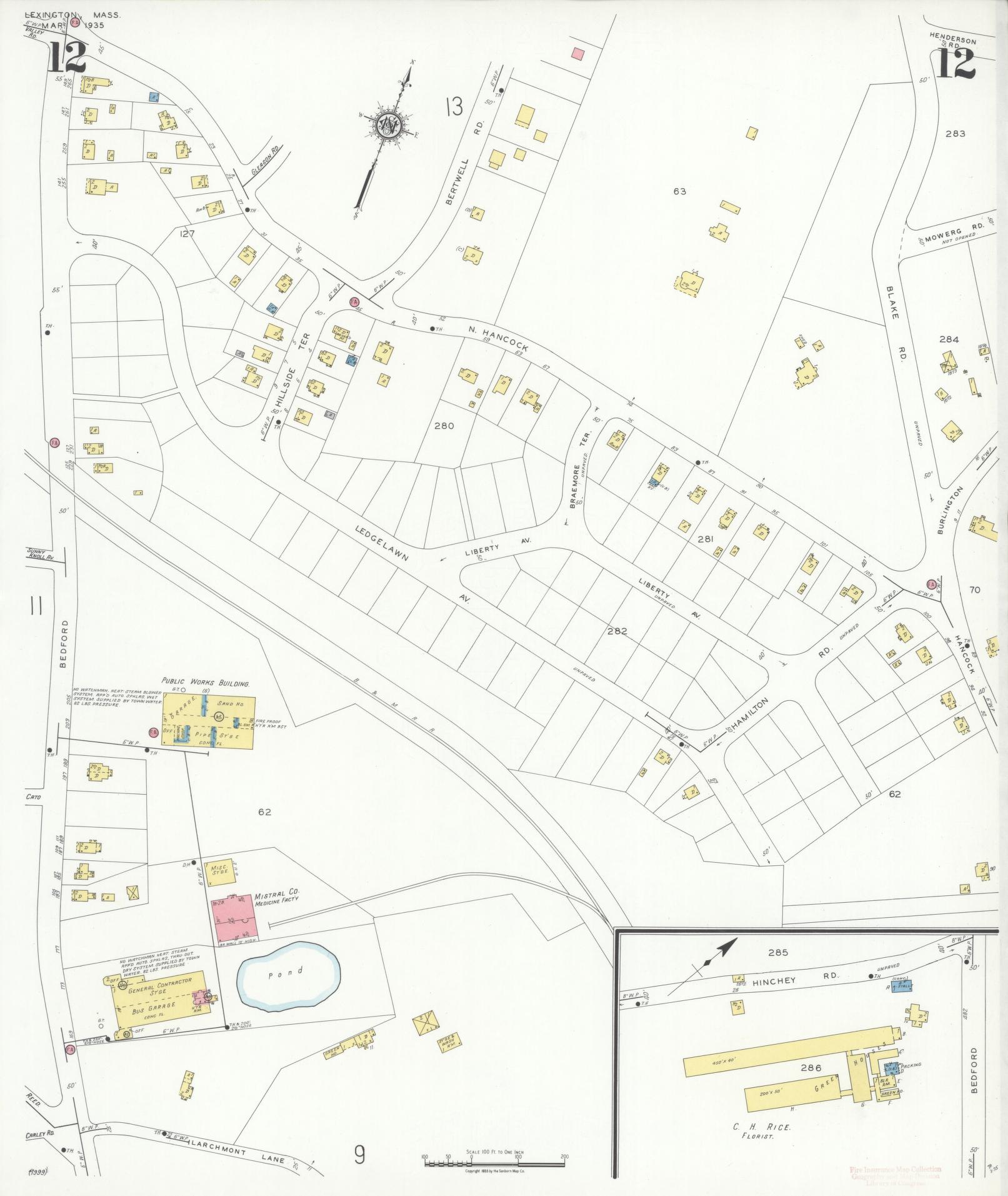 Sanborn Fire Insurance Map from Lexington, Middlesex County, Massachusetts (1935), Sheet #0012 - Historic Sanborn Fire Insurance Map Print, vintage old map wall art, antique decor, genealogy gift, Massachusetts Massachusetts map