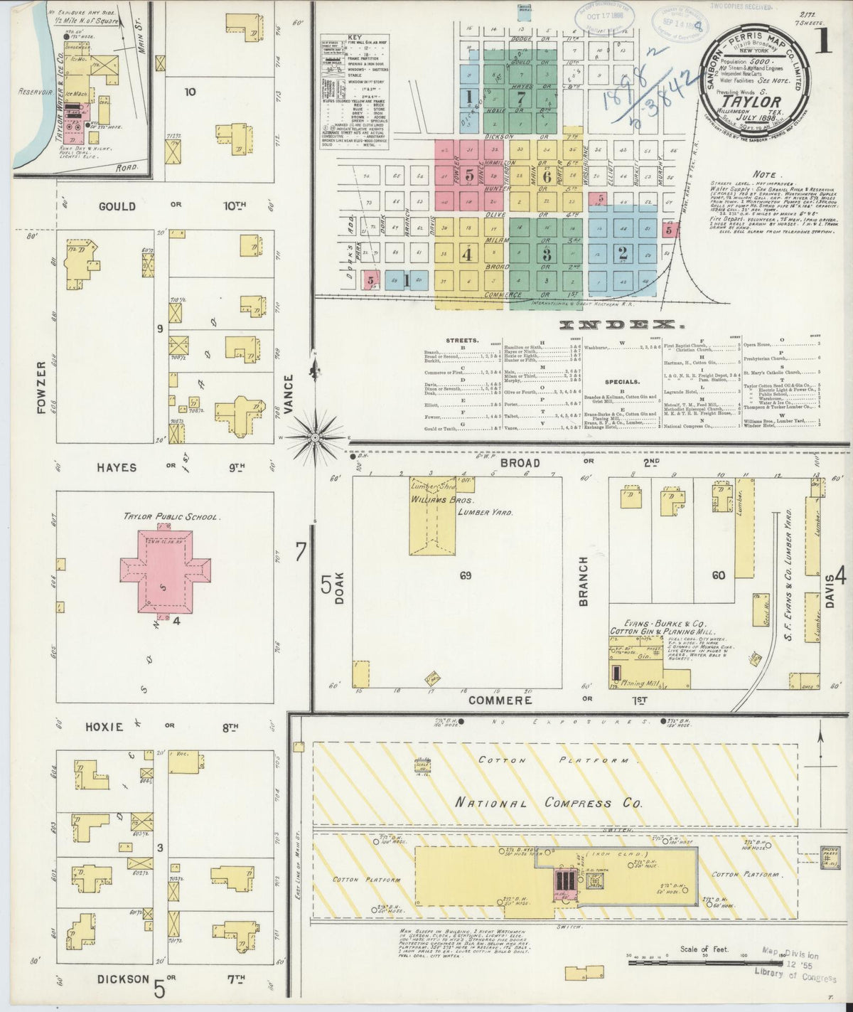 Sanborn Fire Insurance Map from Taylor, Williamson County, Texas (1898), Sheet #0001 - Complete Map Set gallery image, historic Sanborn map, vintage wall art, Texas Texas