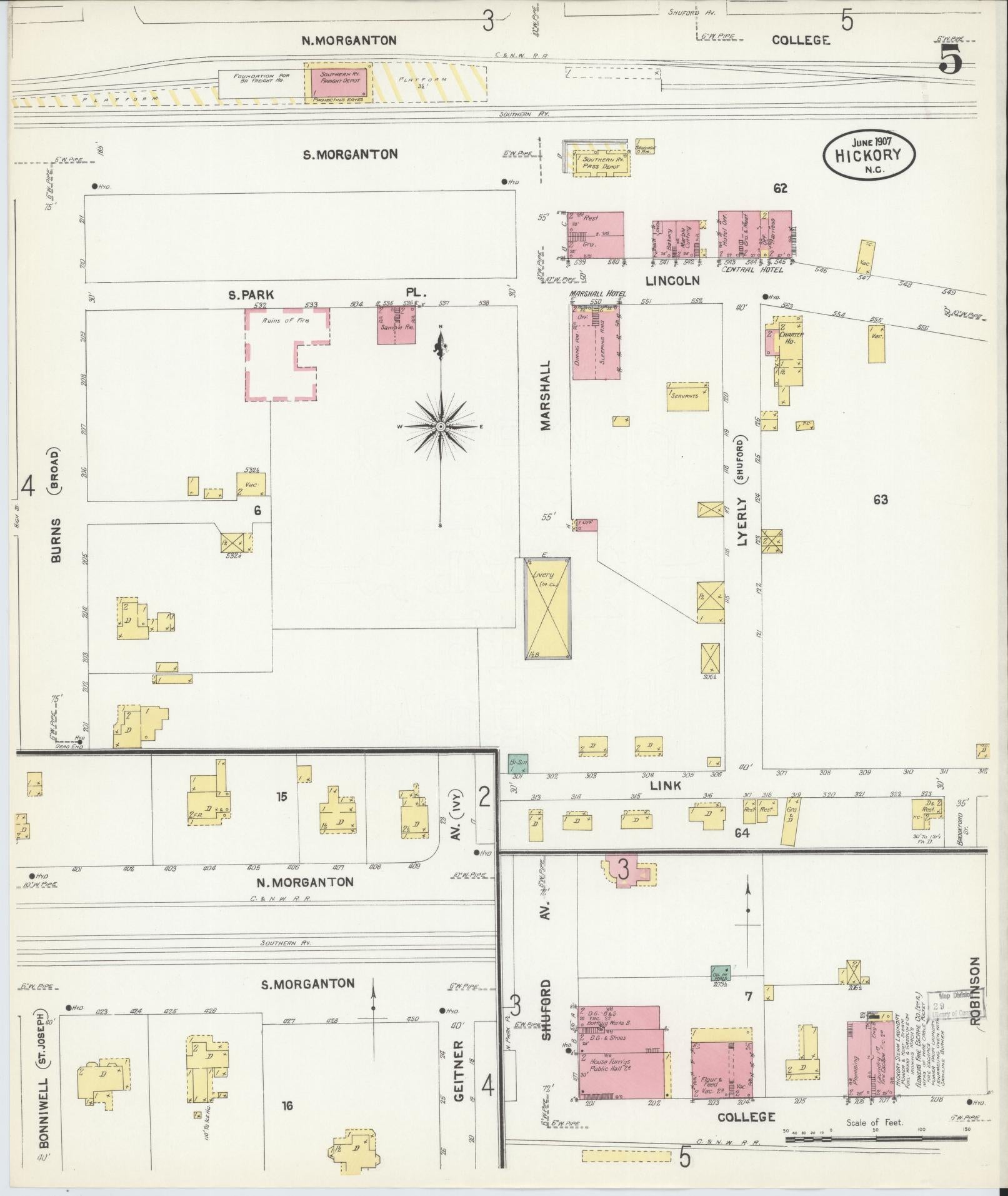 Sanborn Fire Insurance Map from Hickory, Catawba County, North Carolina (1907), Sheet #0005 - Historic Sanborn Fire Insurance Map Print, vintage old map wall art, antique decor, genealogy gift, North Carolina North Carolina map
