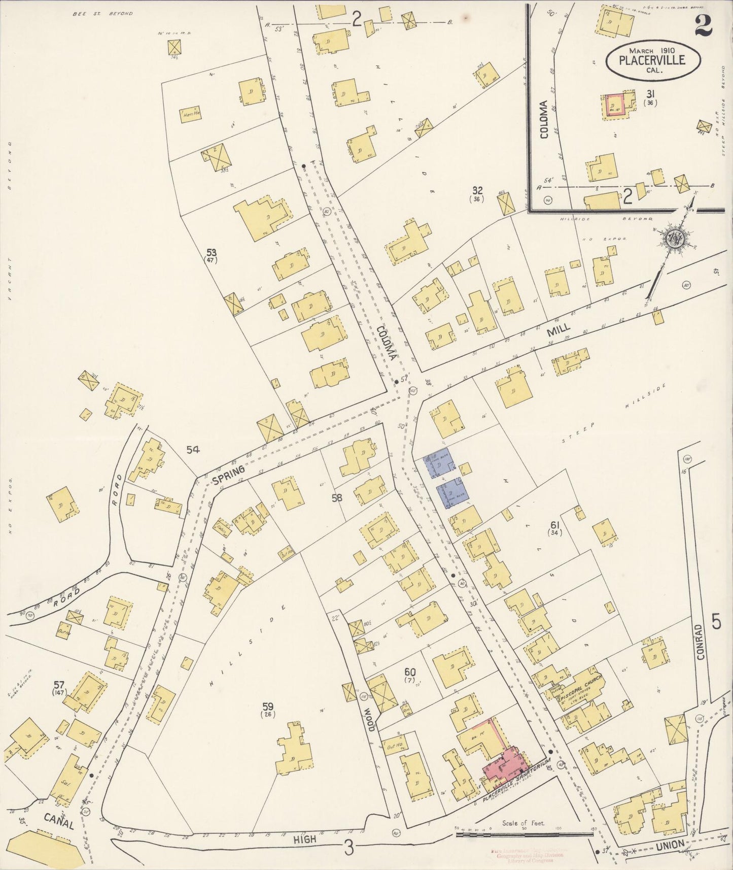 Sanborn Fire Insurance Map from Placerville, El Dorado County, California (1910), Sheet #0002 - Complete Map Set gallery image, historic Sanborn map, vintage wall art, California California