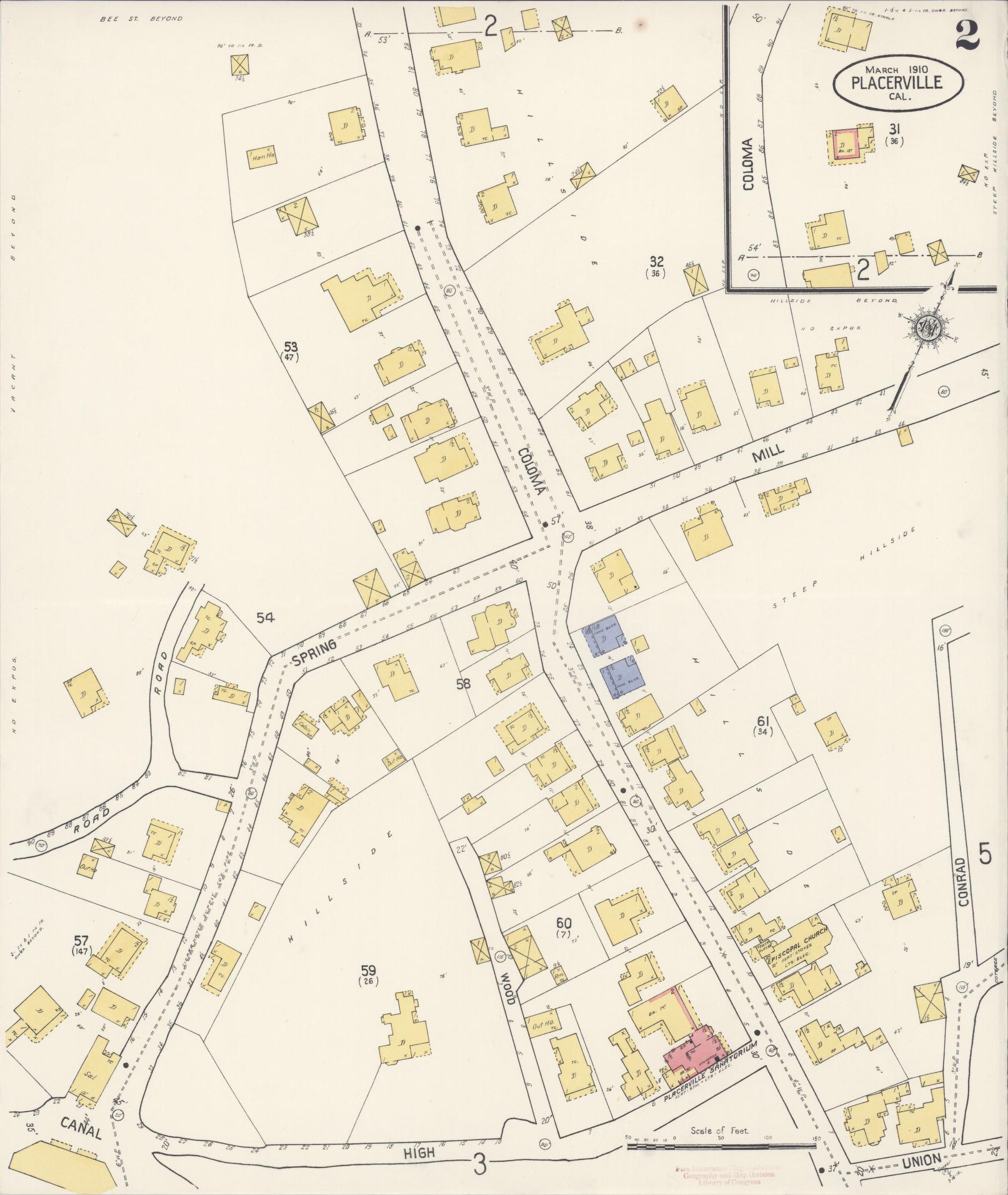 Sanborn Fire Insurance Map from Placerville, El Dorado County, California (1910), Sheet #0002 - Complete Map Set gallery image, historic Sanborn map, vintage wall art, California California