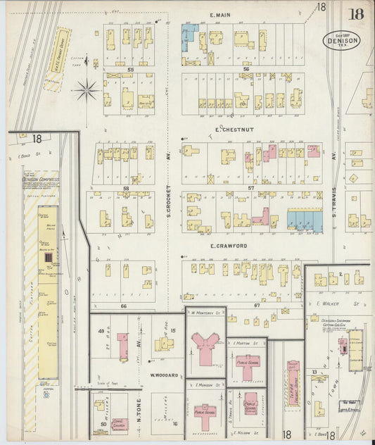 Sanborn Fire Insurance Map from Denison, Grayson County, Texas (1897), Sheet #0018 - Historic Sanborn Fire Insurance Map Print, vintage old map wall art, antique decor, genealogy gift, Texas Texas map