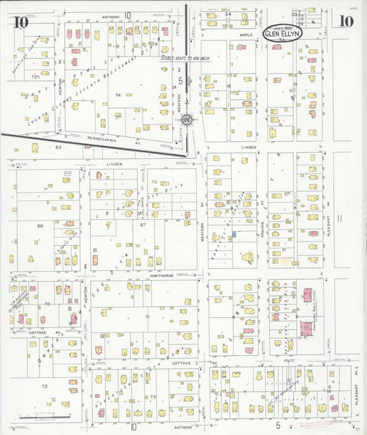 Sanborn Fire Insurance Map from Glen Ellyn, Du Page County, Illinois (1929), Sheet #0010 - Historic Sanborn Fire Insurance Map Print, vintage old map wall art, antique decor, genealogy gift, Illinois Illinois map