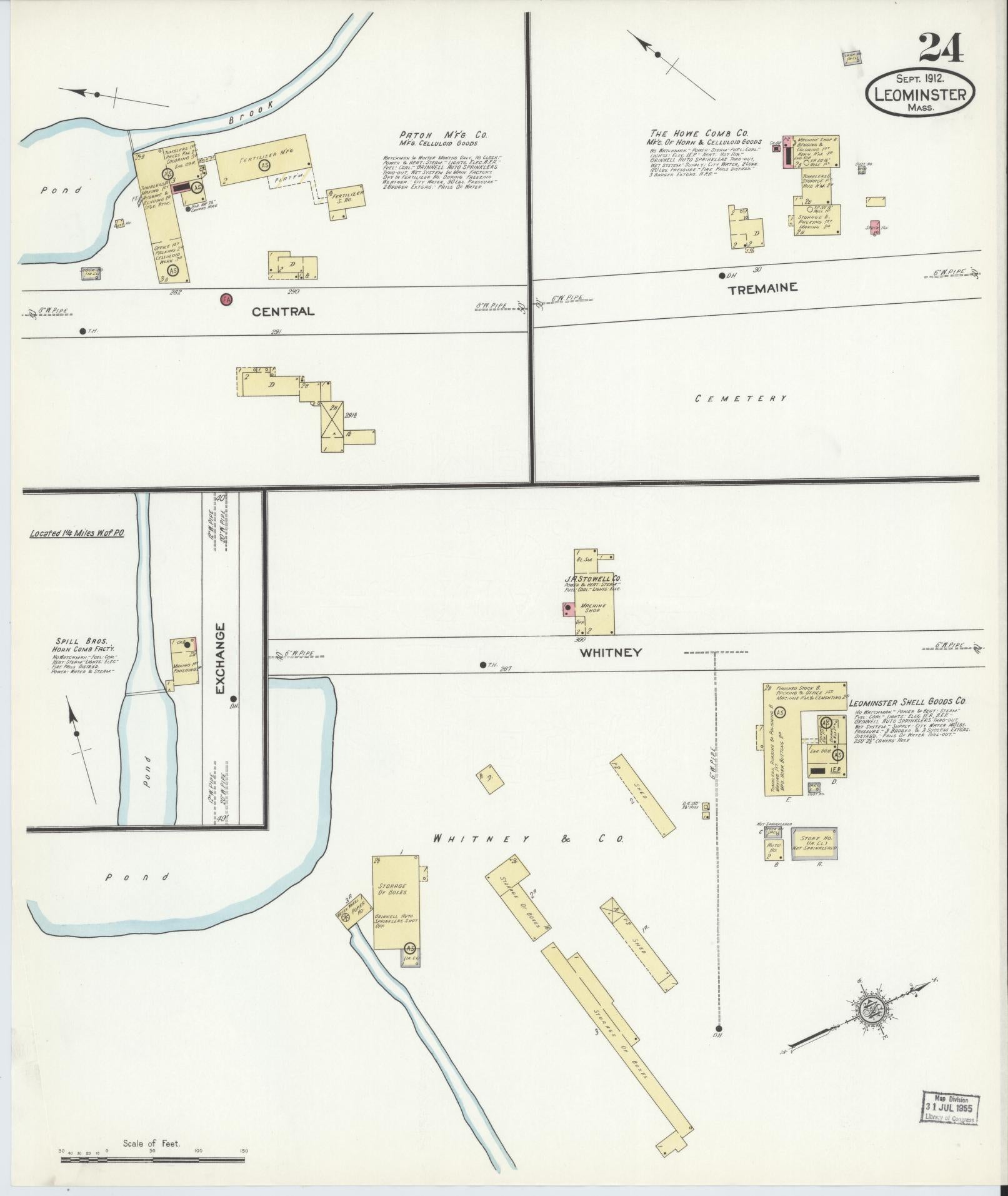 Sanborn Fire Insurance Map from Leominster, Worcester County, Massachusetts (1912), Sheet #0024 - Historic Sanborn Fire Insurance Map Print, vintage old map wall art, antique decor, genealogy gift, Massachusetts Massachusetts map