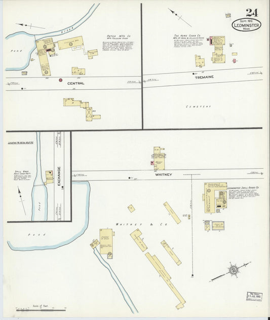 Sanborn Fire Insurance Map from Leominster, Worcester County, Massachusetts (1912), Sheet #0024 - Historic Sanborn Fire Insurance Map Print, vintage old map wall art, antique decor, genealogy gift, Massachusetts Massachusetts map