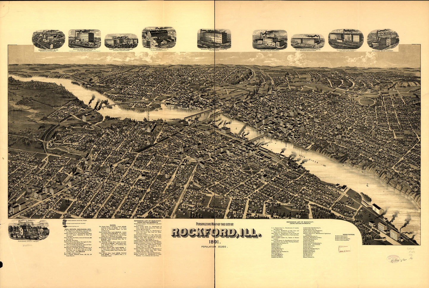 Perspective map of the city of Rockford, Ill. 1891. (1891) – Historic Bird’s-Eye View Panorama Print