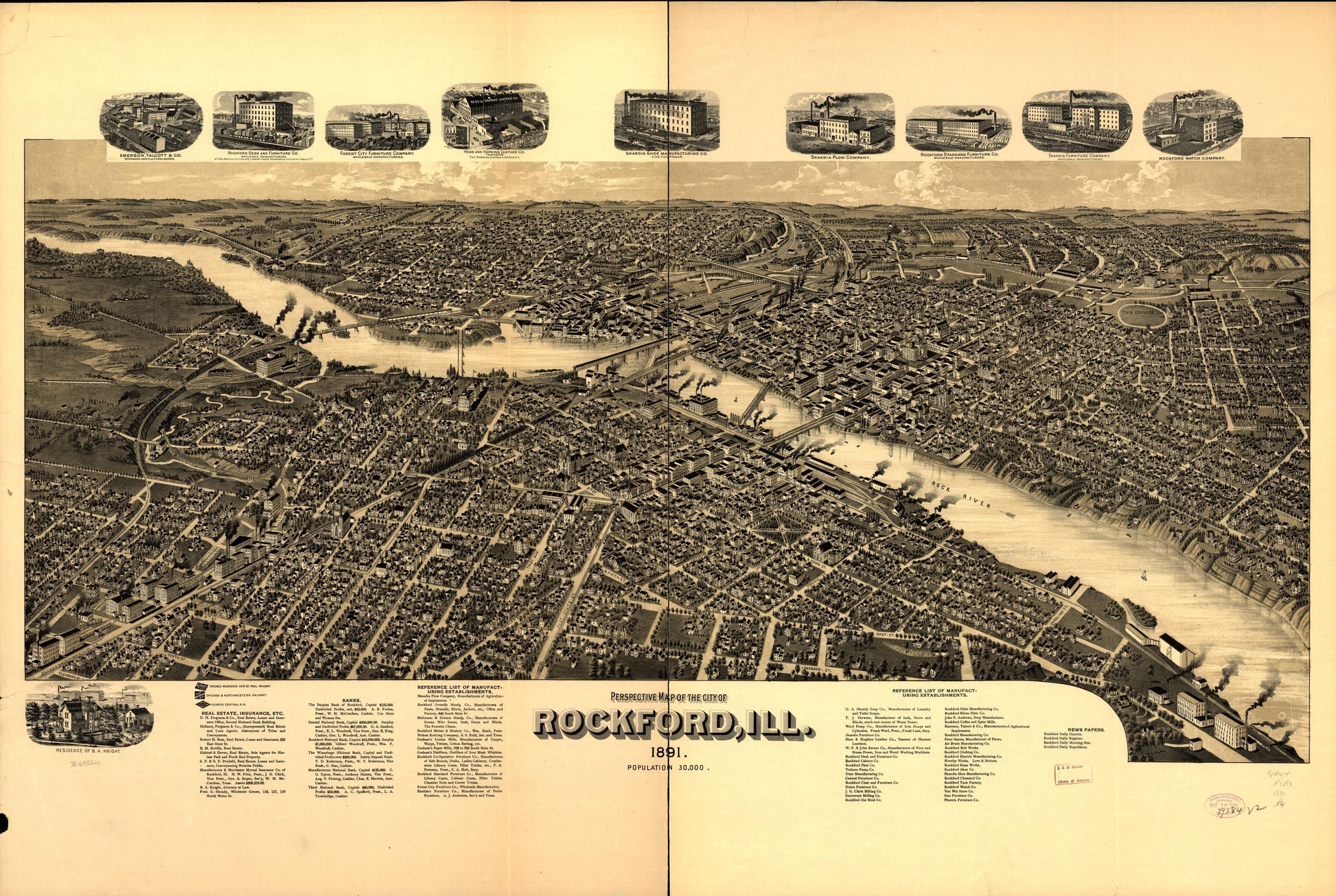 Perspective map of the city of Rockford, Ill. 1891. (1891) – Historic Bird’s-Eye View Panorama Print