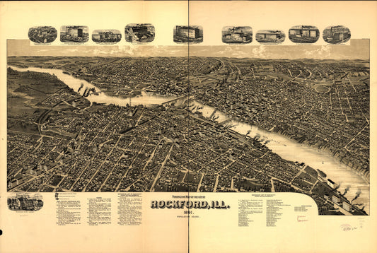 Perspective map of the city of Rockford, Ill. 1891. (1891) – Historic Bird’s-Eye View Panorama Print