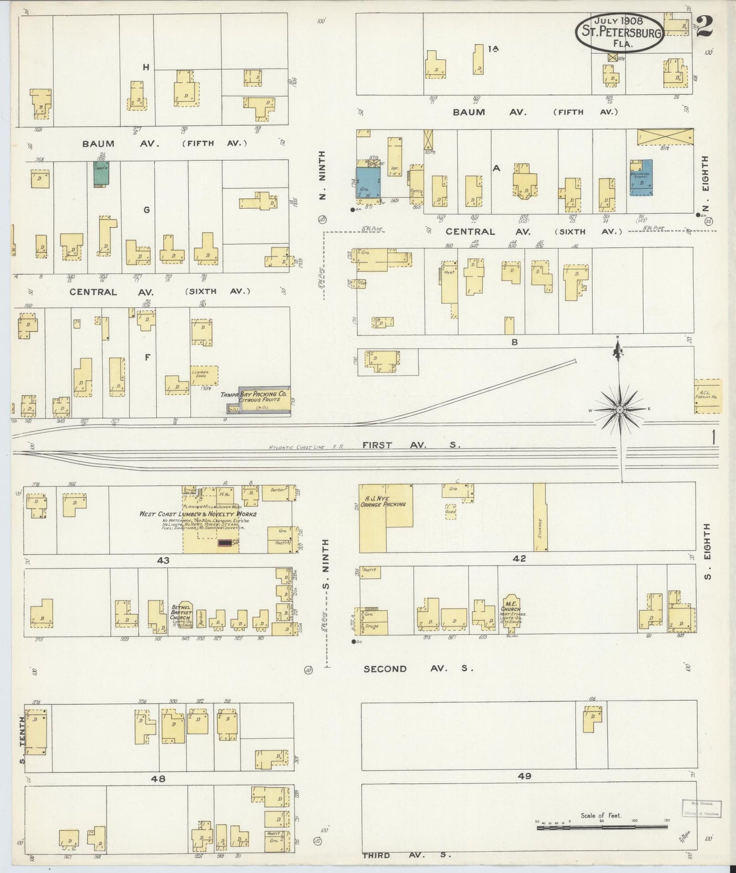 Sanborn Fire Insurance Map from Saint Petersburg, Pinellas County, Florida (1908), Sheet #0002 - Complete Map Set gallery image, historic Sanborn map, vintage wall art, Florida Florida